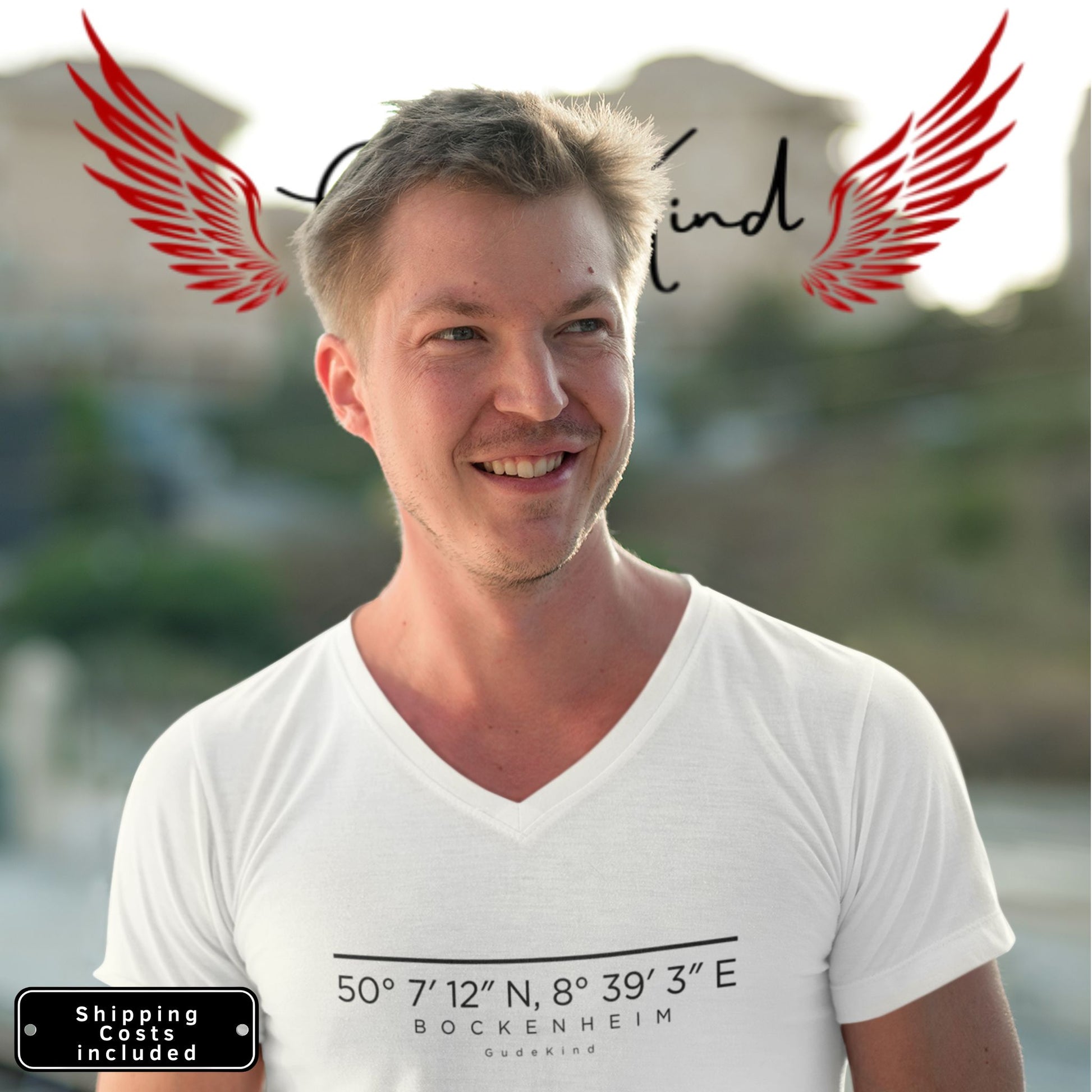 Frankfurt Bockenheim V-Neck Shirt mit minimalistischem Frontprint – Gudekind Local Pride