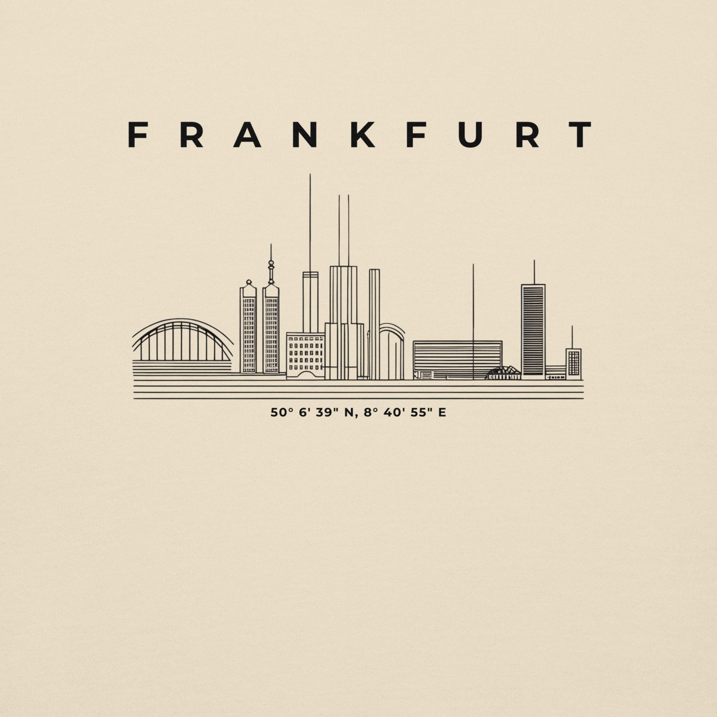 Gudekind Mainhattan Hoodie mit Markenlogo Front und Koordinaten Backprint, minimalistisches Frankfurt Stadtteil Design