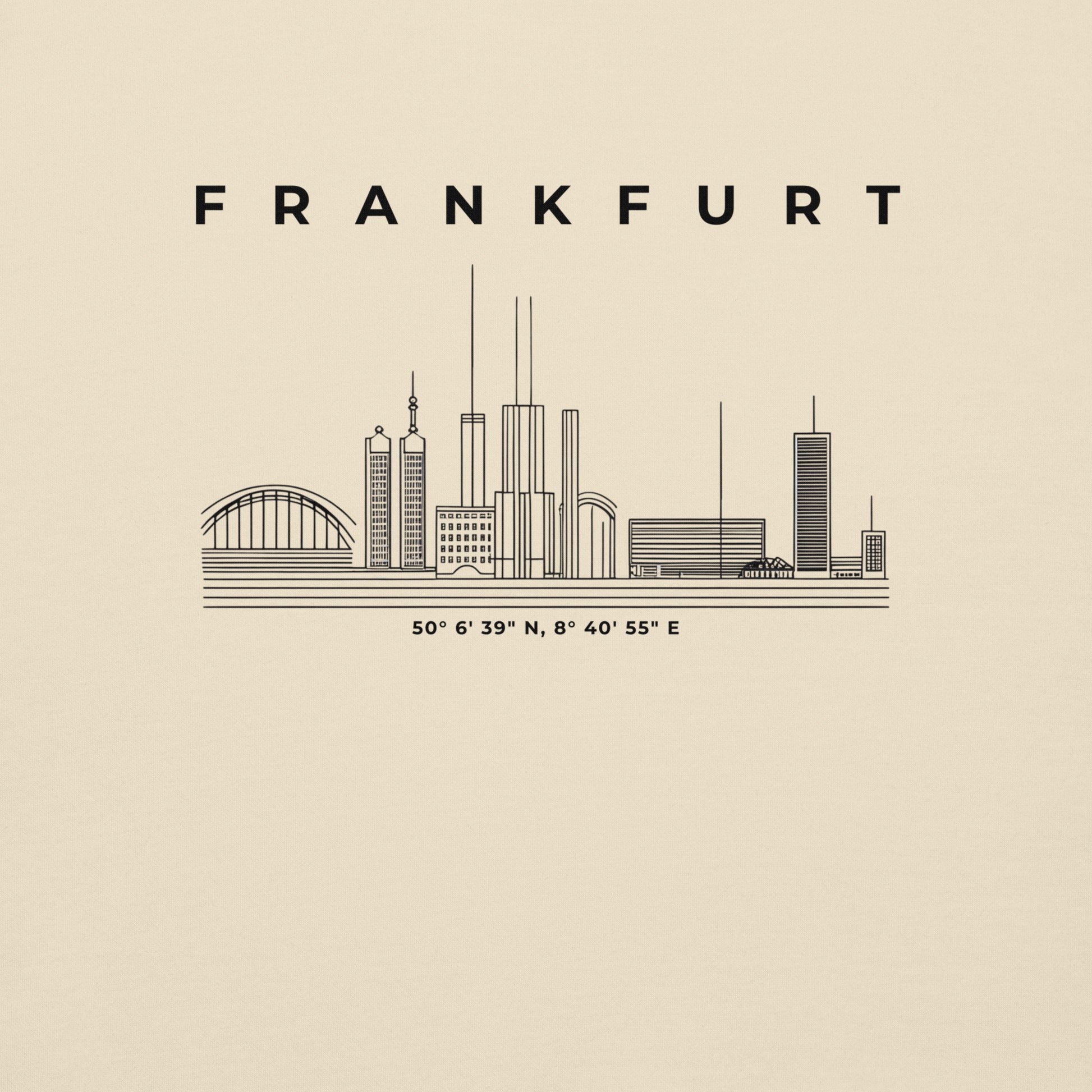 Gudekind Mainhattan Hoodie mit Markenlogo Front und Koordinaten Backprint, minimalistisches Frankfurt Stadtteil Design