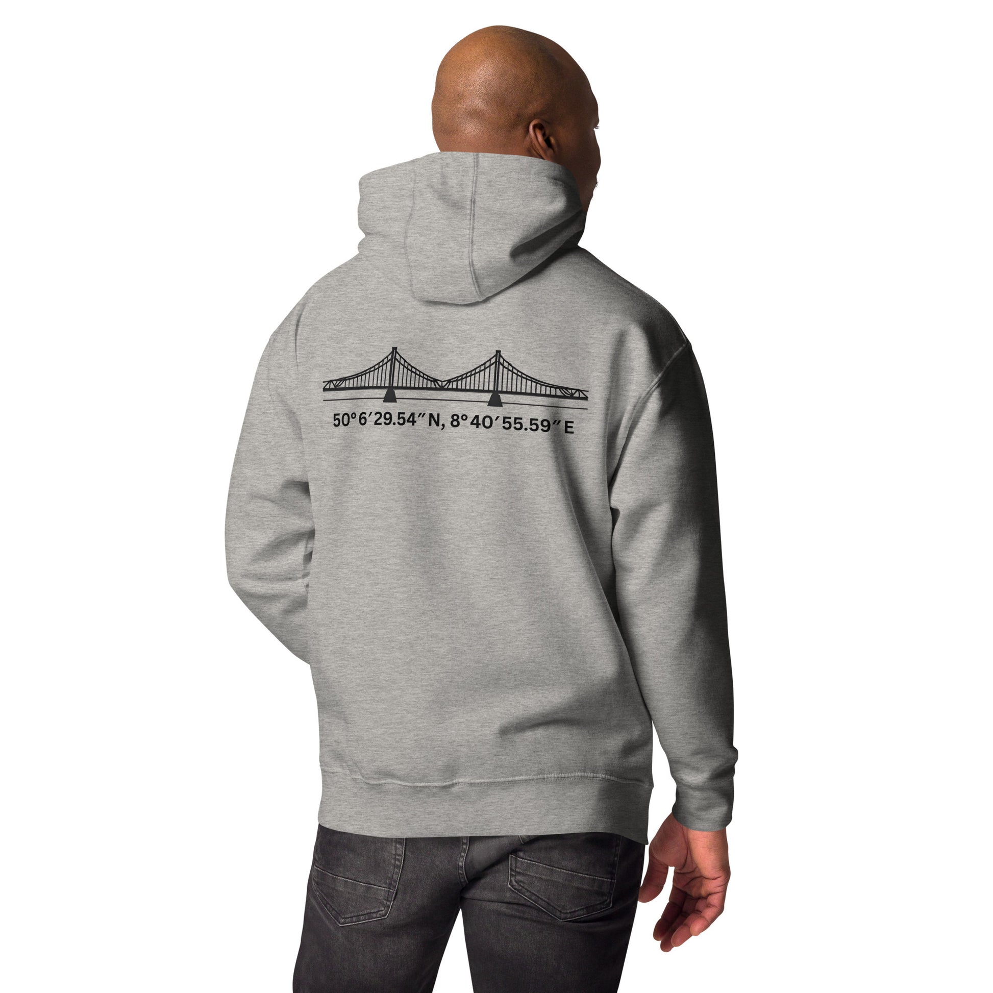 iserner Steg Hoodie Frontansicht – minimalistischer Frankfurt Frontprint mit Koordinaten