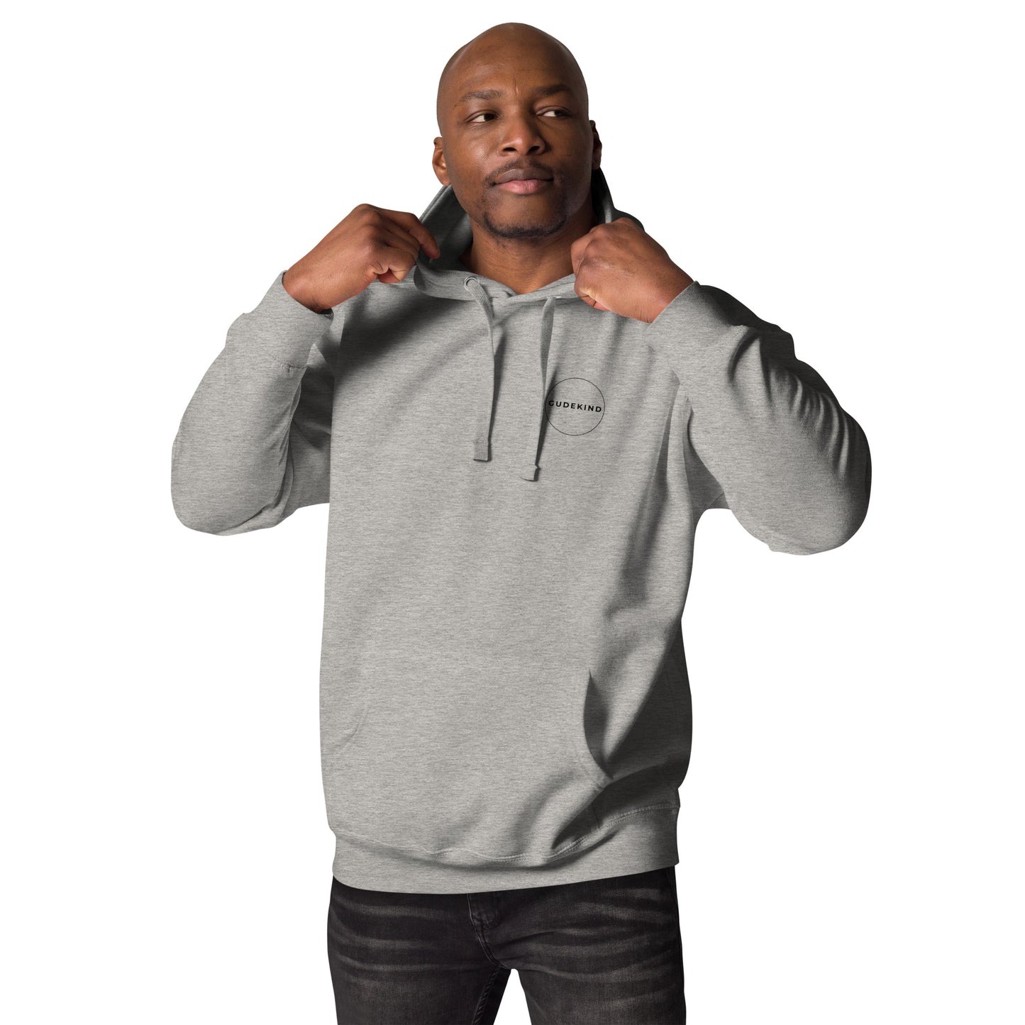 Gudekind Alt-Sachsenhausen Hoodie mit Markenlogo Front und Koordinaten Backprint, minimalistisches Frankfurt Stadtteil Design