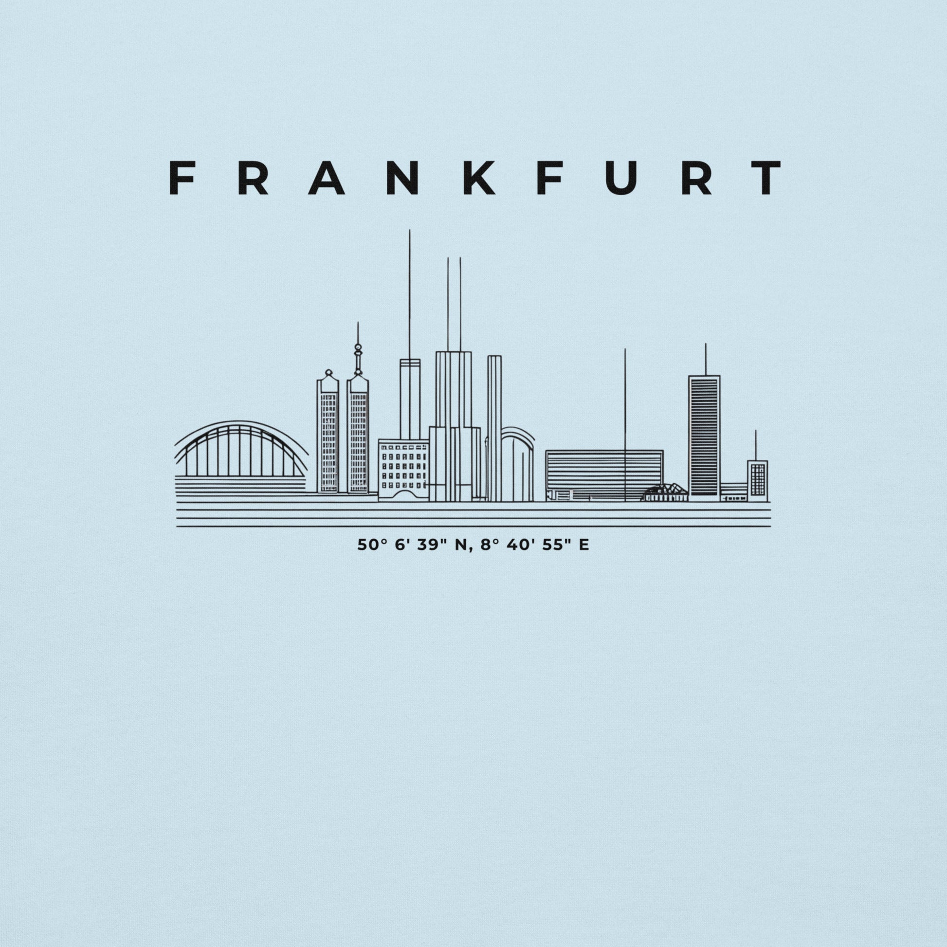 Gudekind Mainhattan Hoodie mit Markenlogo Front und Koordinaten Backprint, minimalistisches Frankfurt Stadtteil Design