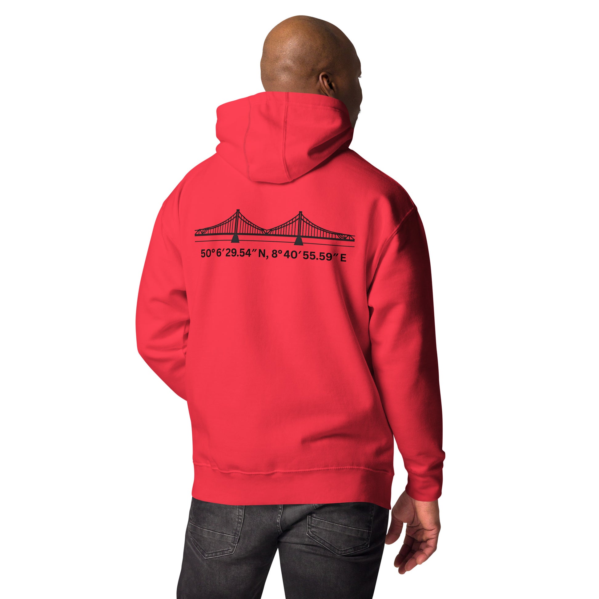 iserner Steg Hoodie Frontansicht – minimalistischer Frankfurt Frontprint mit Koordinaten