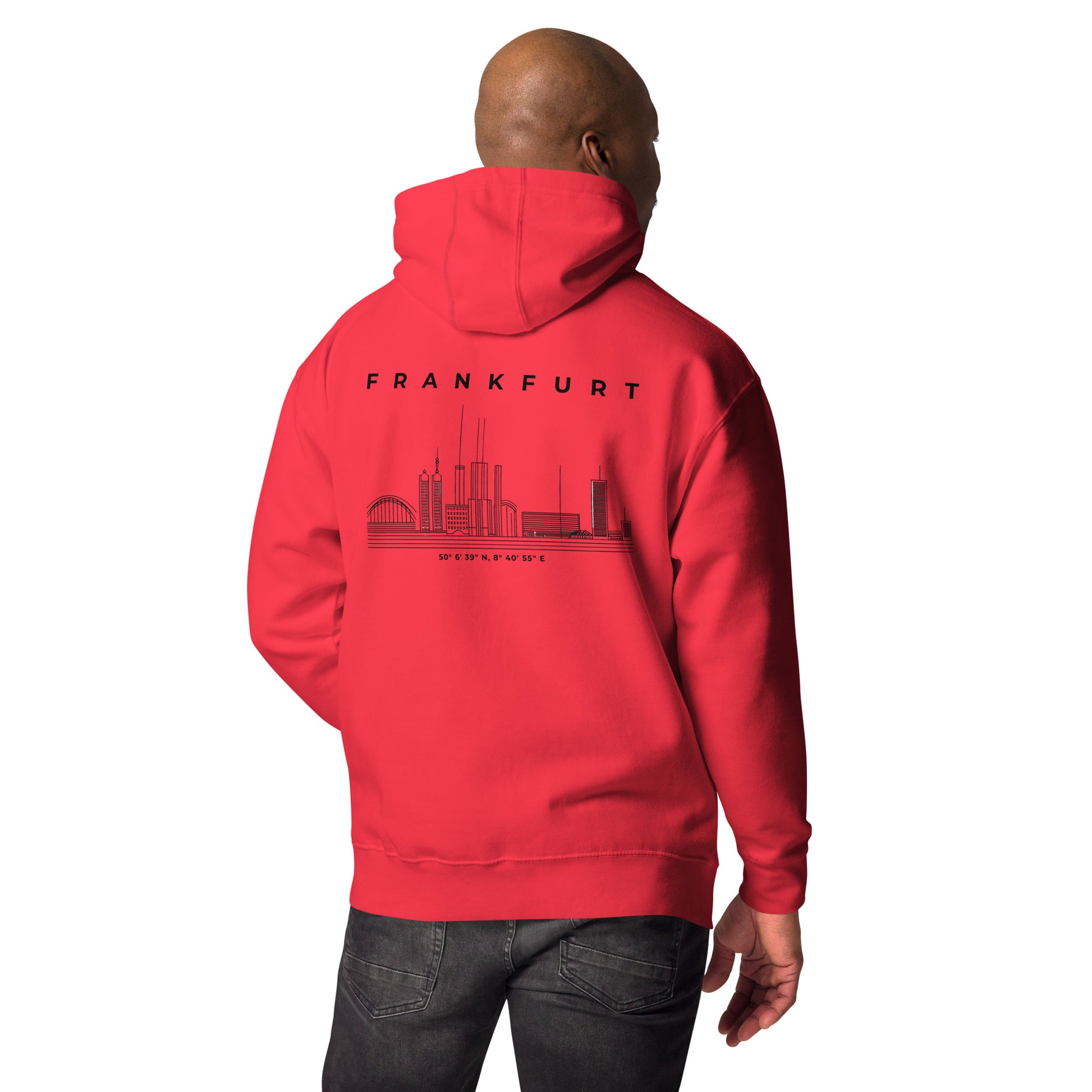 Gudekind Mainhattan Hoodie mit Markenlogo Front und Koordinaten Backprint, minimalistisches Frankfurt Stadtteil Design