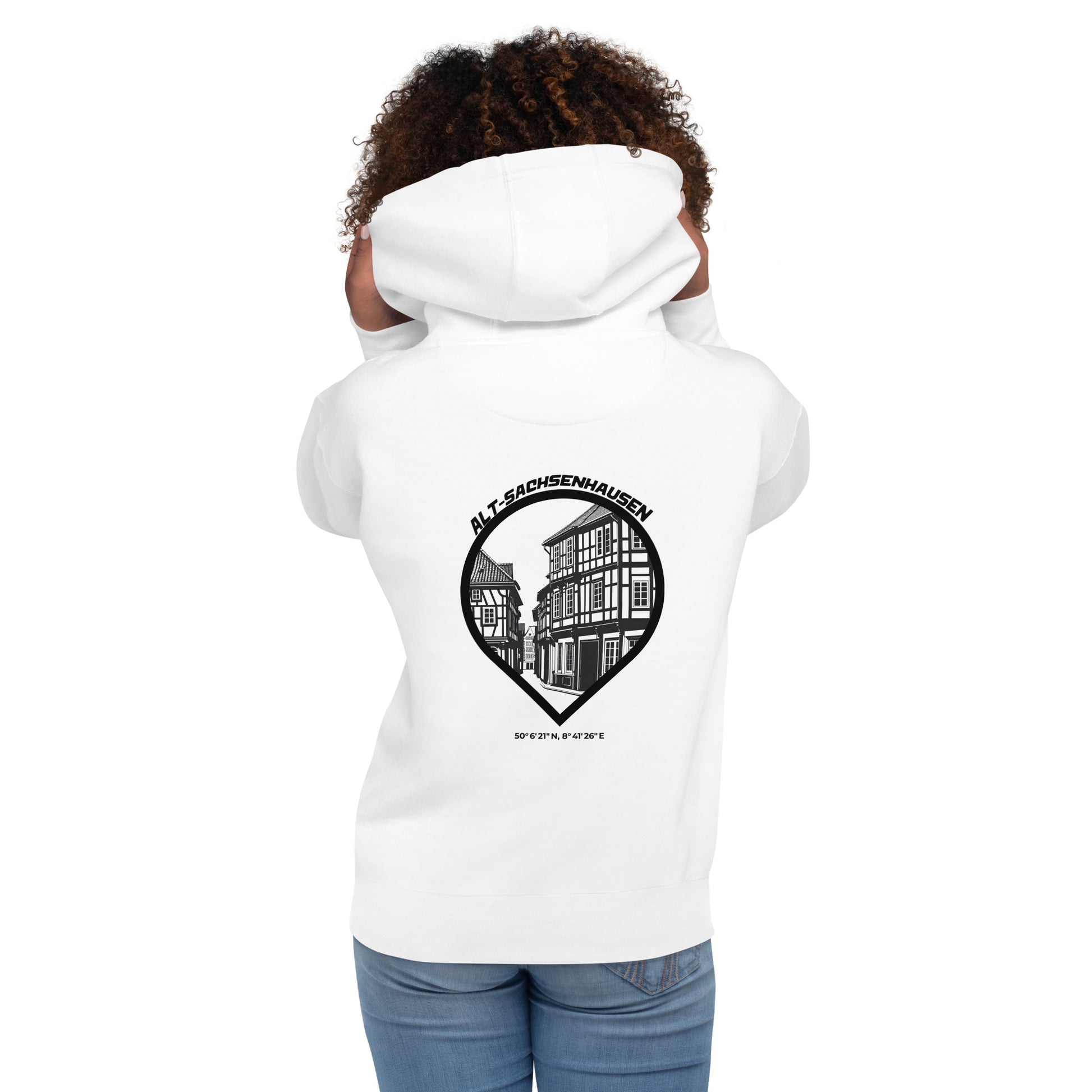 Gudekind Alt-Sachsenhausen Hoodie mit Markenlogo Front und Koordinaten Backprint, minimalistisches Frankfurt Stadtteil Design