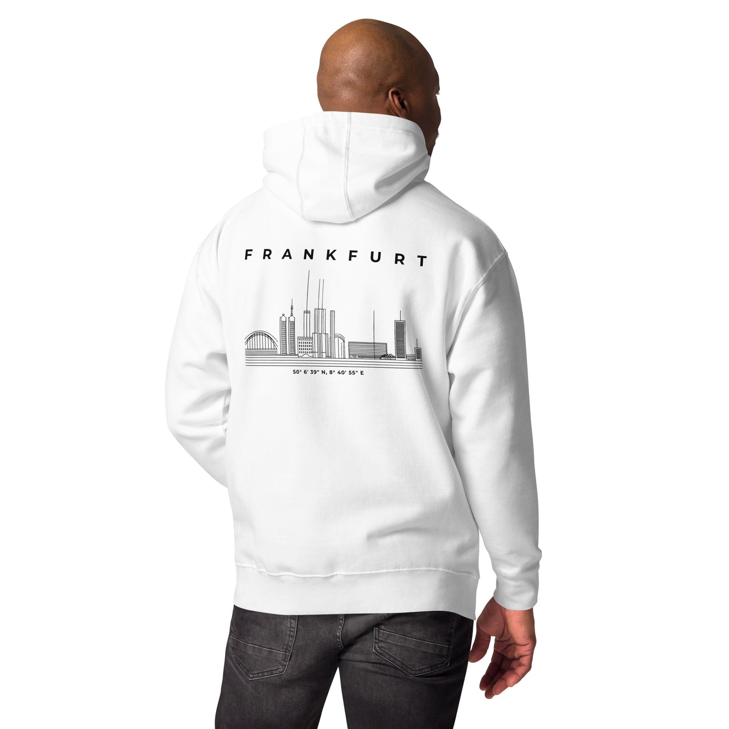 Gudekind Mainhattan Hoodie mit Markenlogo Front und Koordinaten Backprint, minimalistisches Frankfurt Stadtteil Design