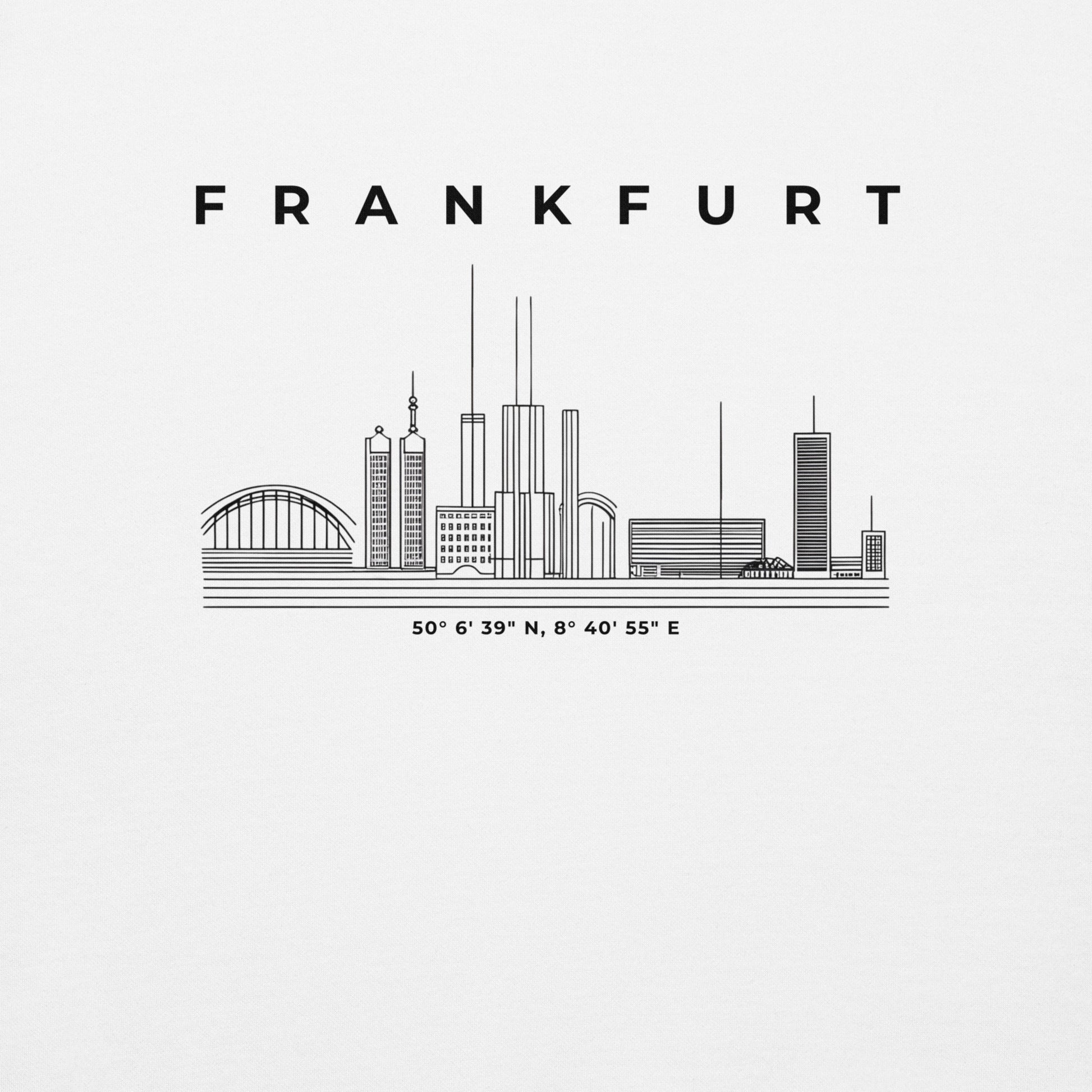 Gudekind Mainhattan Hoodie mit Markenlogo Front und Koordinaten Backprint, minimalistisches Frankfurt Stadtteil Design