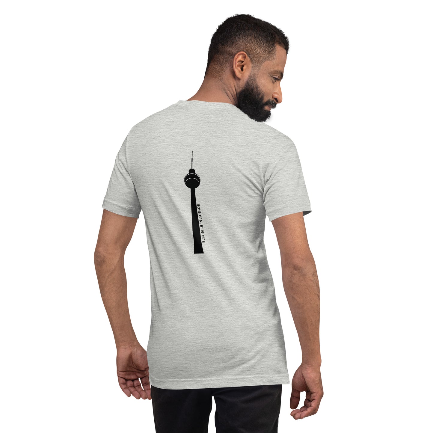 T-Shirt Rückseite mit Koordinaten und Stadtteilname Ginnheim – minimalistisches Frankfurt Design