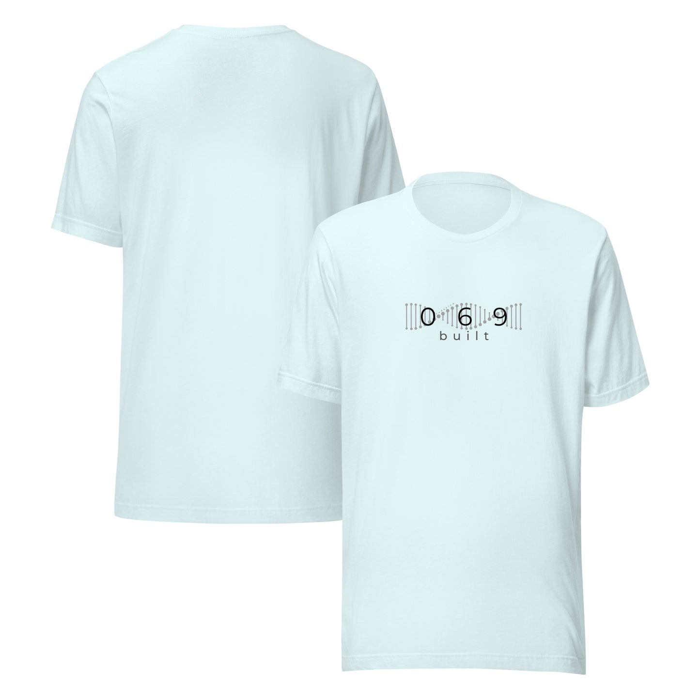 Minimalistisches T-Shirt mit DNA-Strang, darüber "069", darunter "built" – Local Pride Frankfurt Design in sportlicher Optik