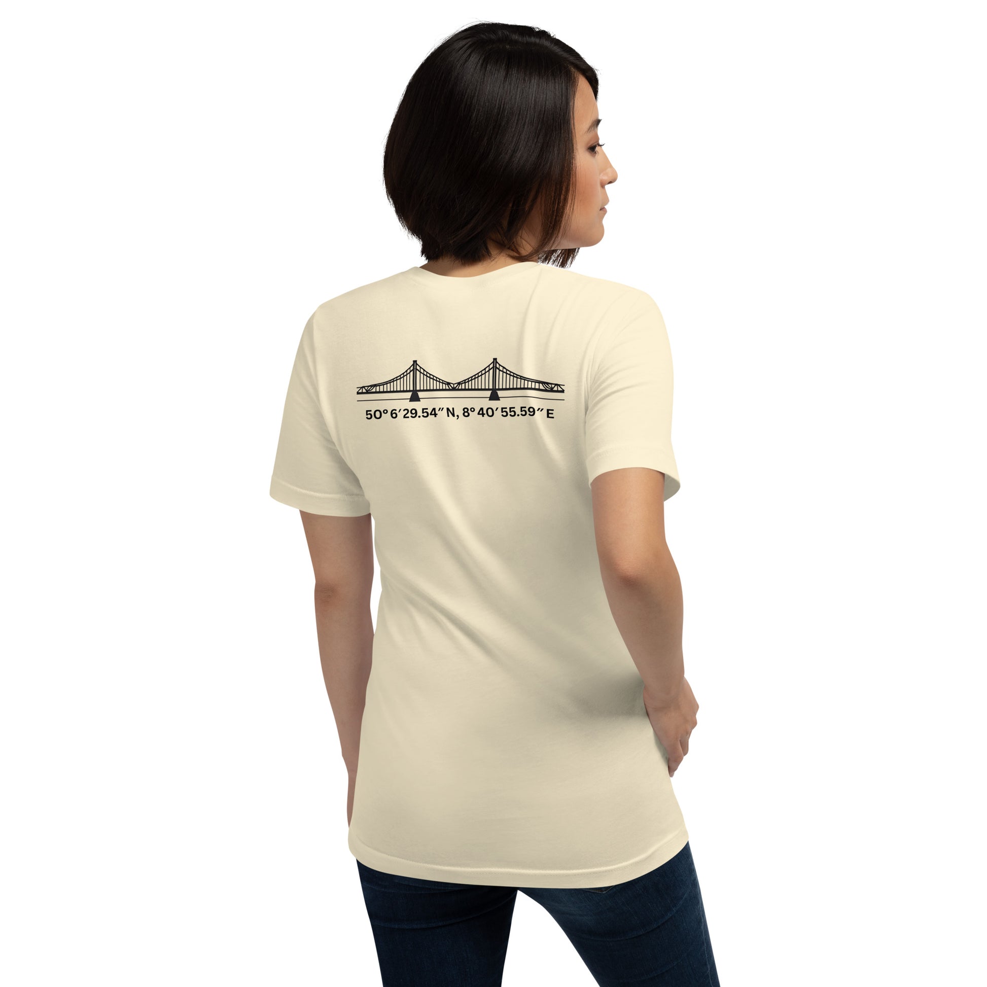 T-Shirt Eiserner Steg Rückansicht – Stadtteilname und Koordinaten als hochwertiger Backprint