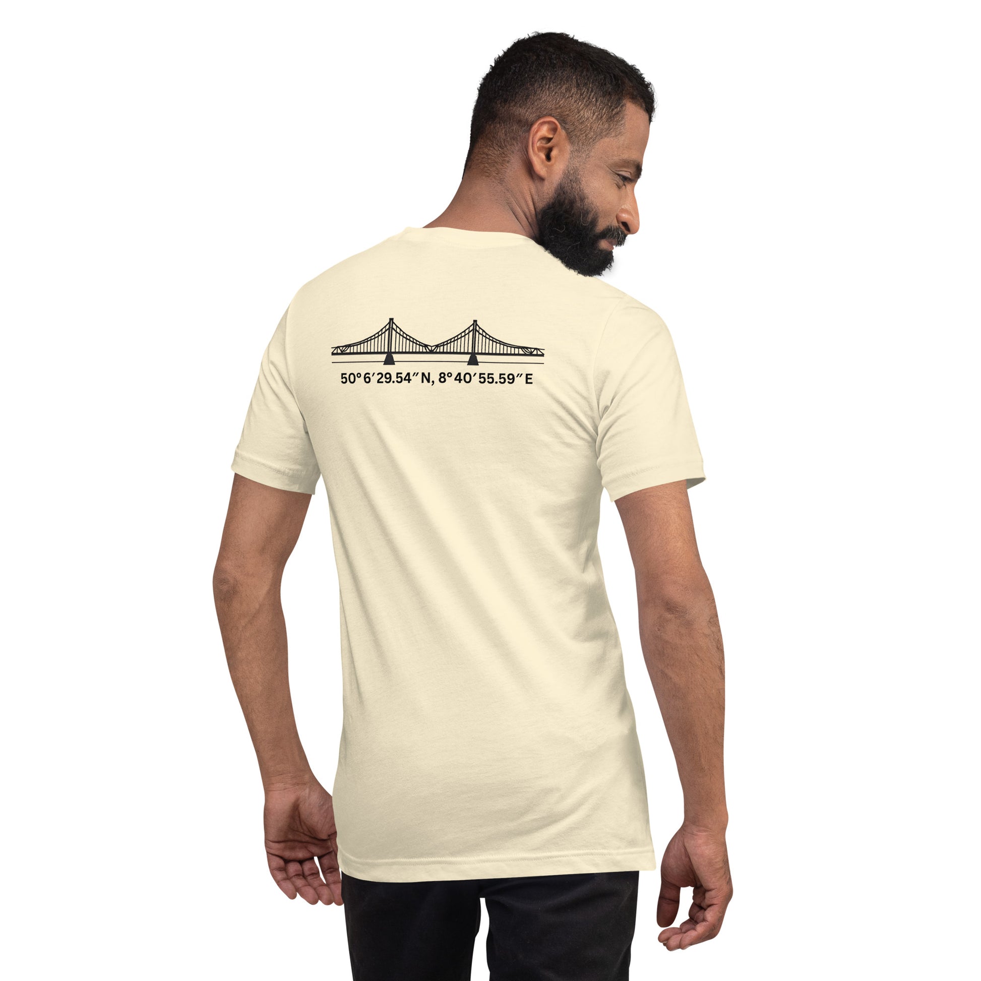 T-Shirt Eiserner Steg Rückansicht – Stadtteilname und Koordinaten als hochwertiger Backprint