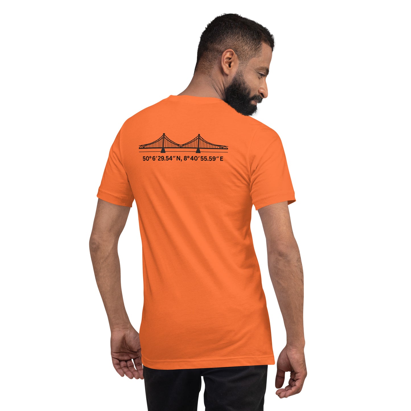T-Shirt Eiserner Steg Rückansicht – Stadtteilname und Koordinaten als hochwertiger Backprint