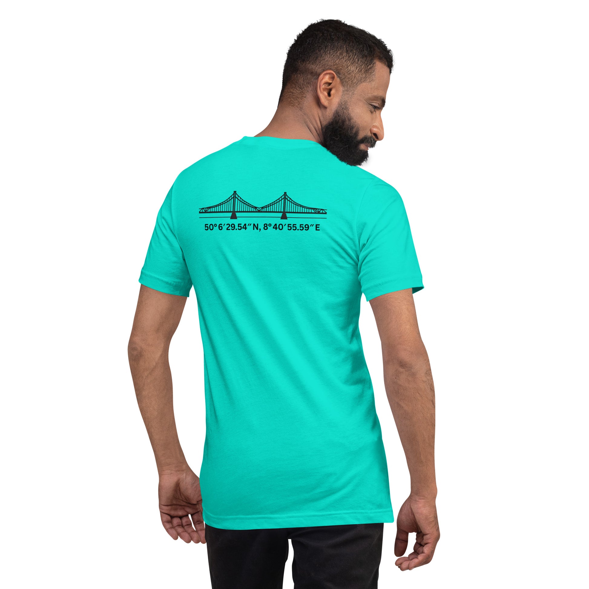 T-Shirt Eiserner Steg Rückansicht – Stadtteilname und Koordinaten als hochwertiger Backprint