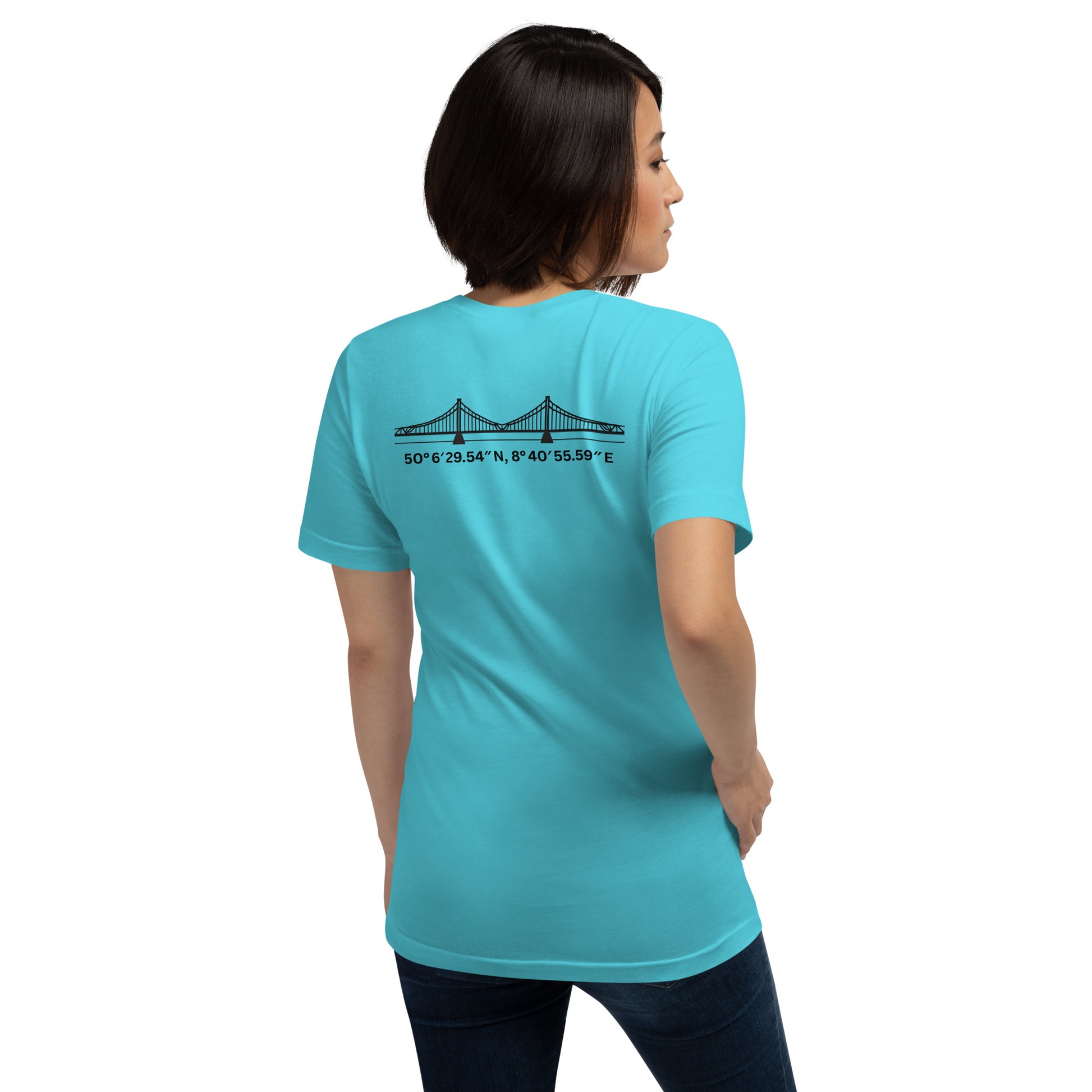 T-Shirt Eiserner Steg Rückansicht – Stadtteilname und Koordinaten als hochwertiger Backprint