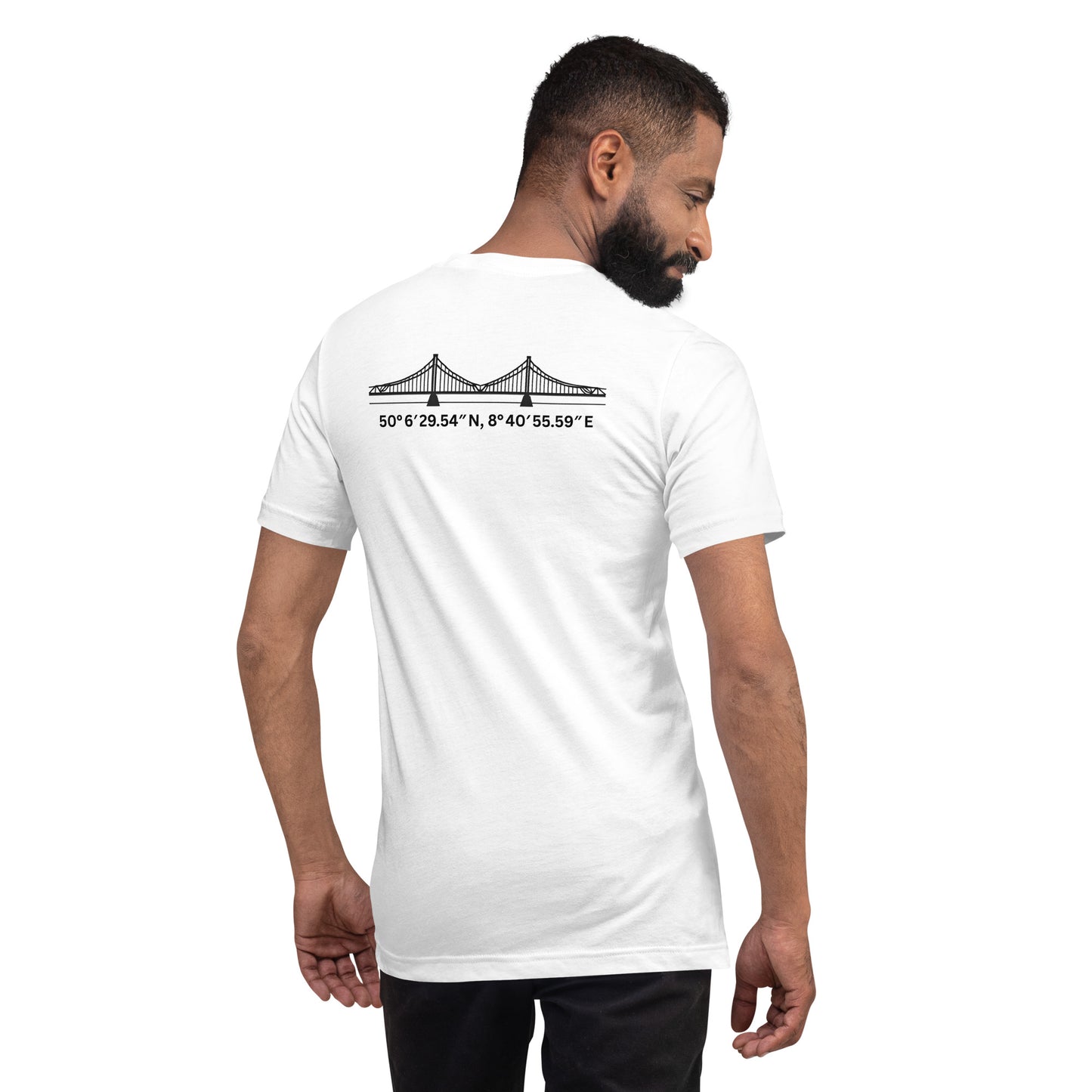 T-Shirt Eiserner Steg Rückansicht – Stadtteilname und Koordinaten als hochwertiger Backprint