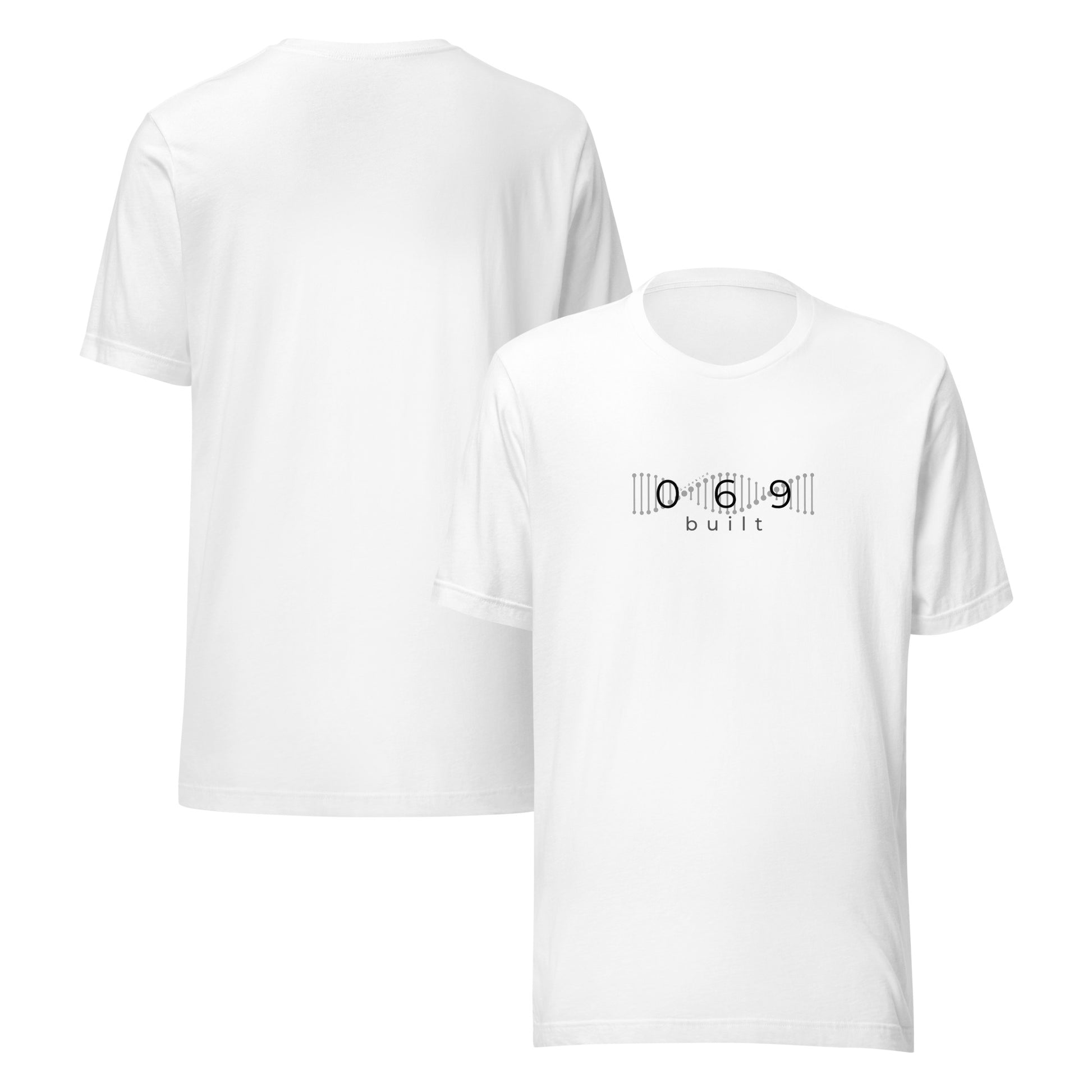 Minimalistisches T-Shirt mit DNA-Strang, darüber "069", darunter "built" – Local Pride Frankfurt Design in sportlicher Optik