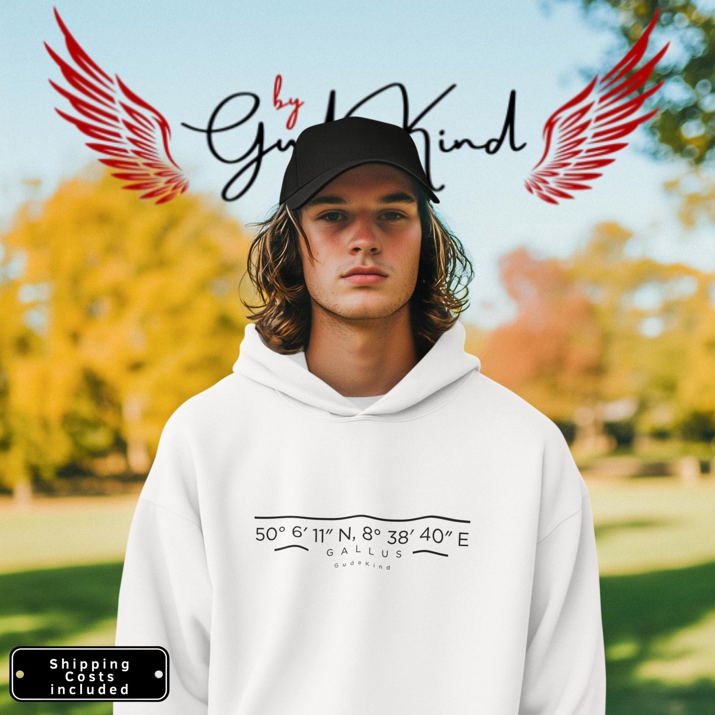 Minimalistischer Hoodie mit Gallus-Koordinaten auf der Brust – Local Pride Frankfurt