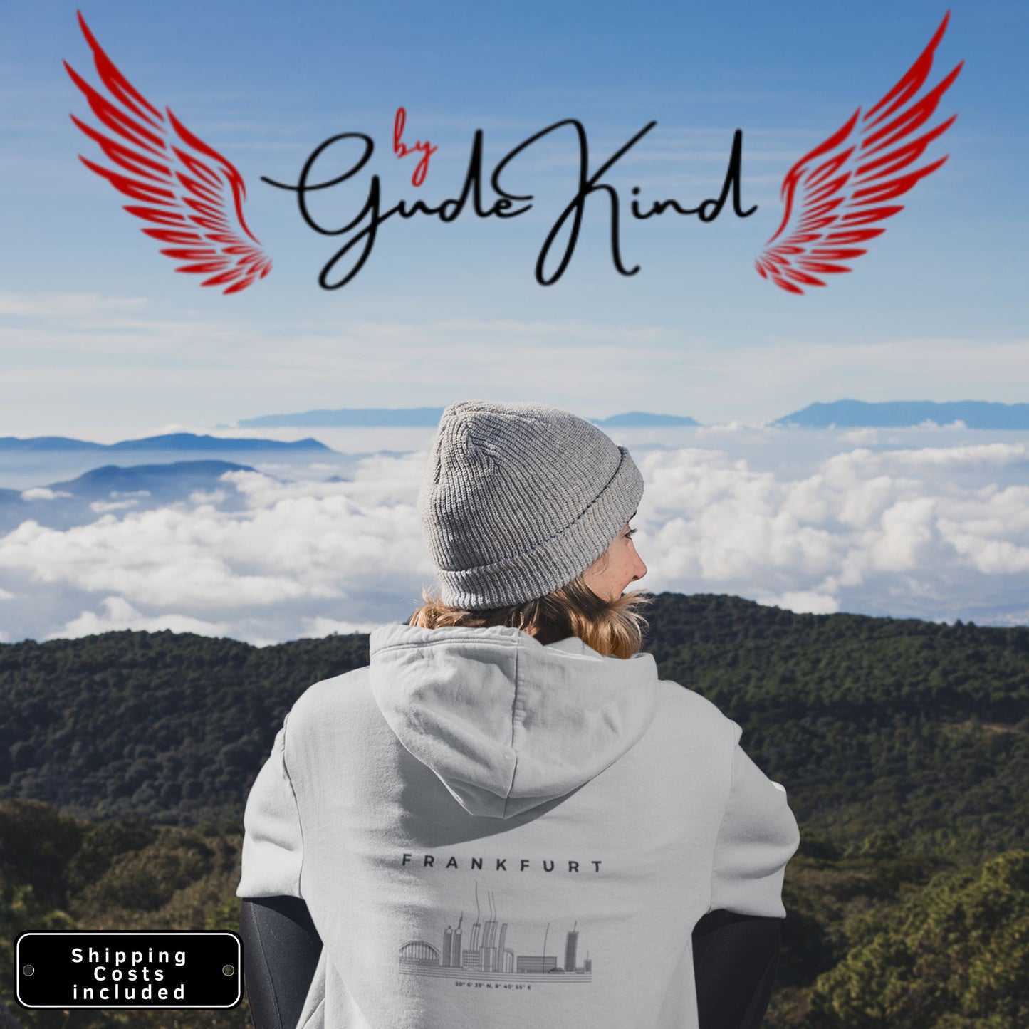 Gudekind Mainhattan Hoodie mit Markenlogo Front und Koordinaten Backprint, minimalistisches Frankfurt Stadtteil Design