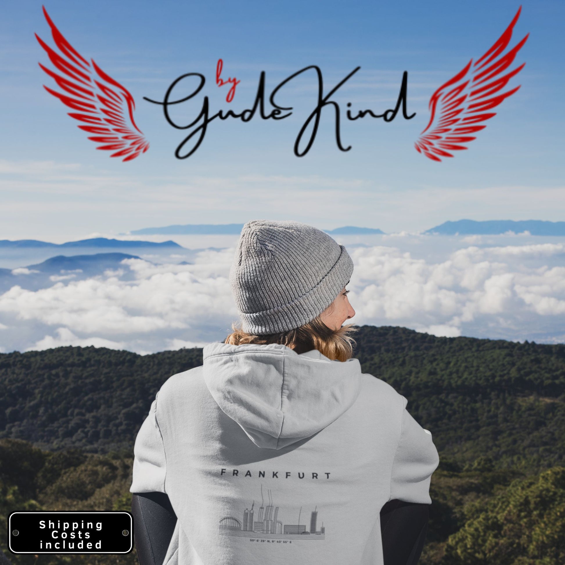 Gudekind Mainhattan Hoodie mit Markenlogo Front und Koordinaten Backprint, minimalistisches Frankfurt Stadtteil Design