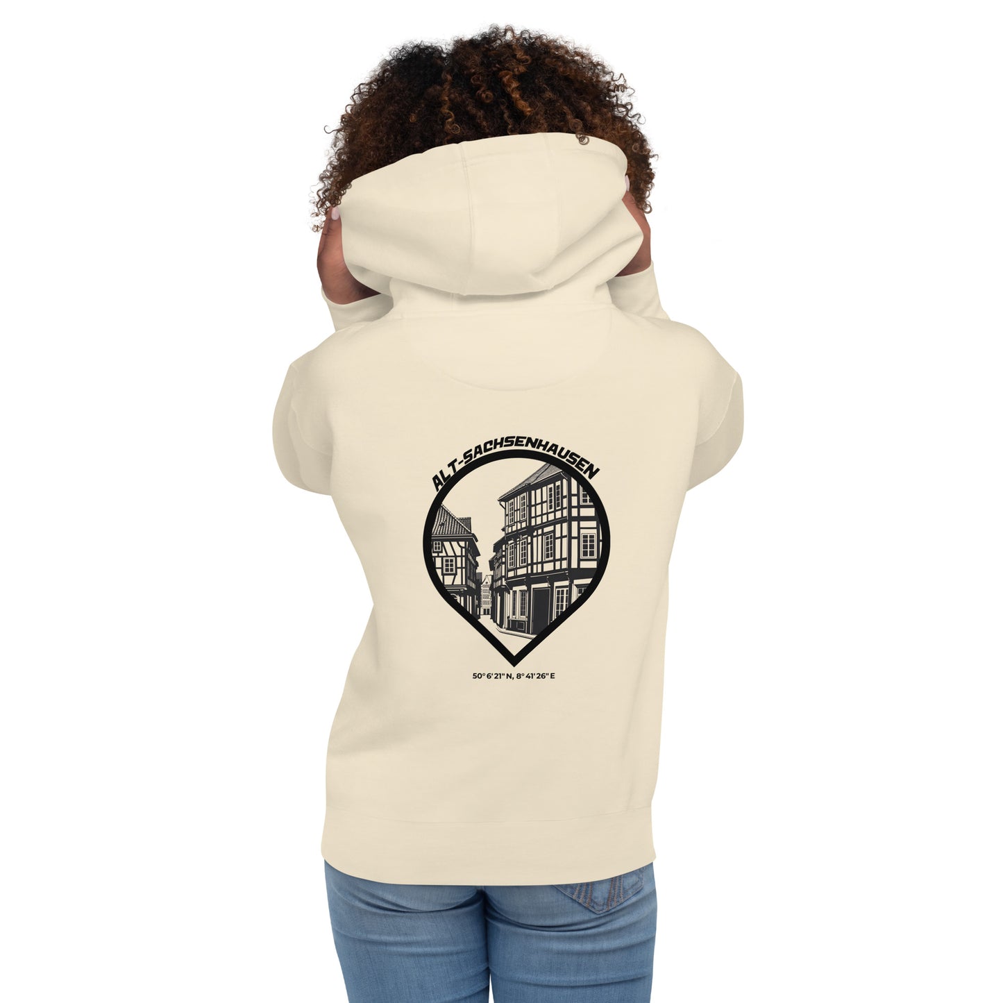 Gudekind Alt-Sachsenhausen Hoodie mit Markenlogo Front und Koordinaten Backprint, minimalistisches Frankfurt Stadtteil Design