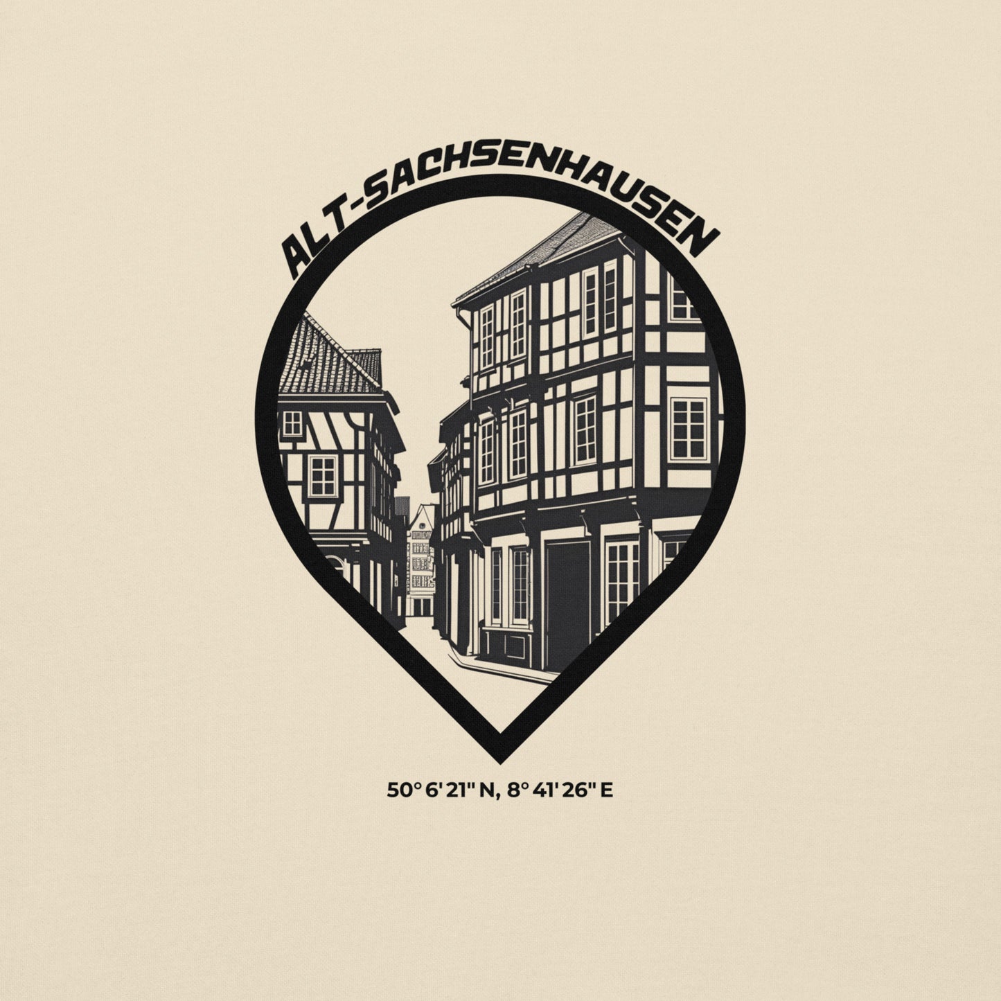 Gudekind Alt-Sachsenhausen Hoodie mit Markenlogo Front und Koordinaten Backprint, minimalistisches Frankfurt Stadtteil Design