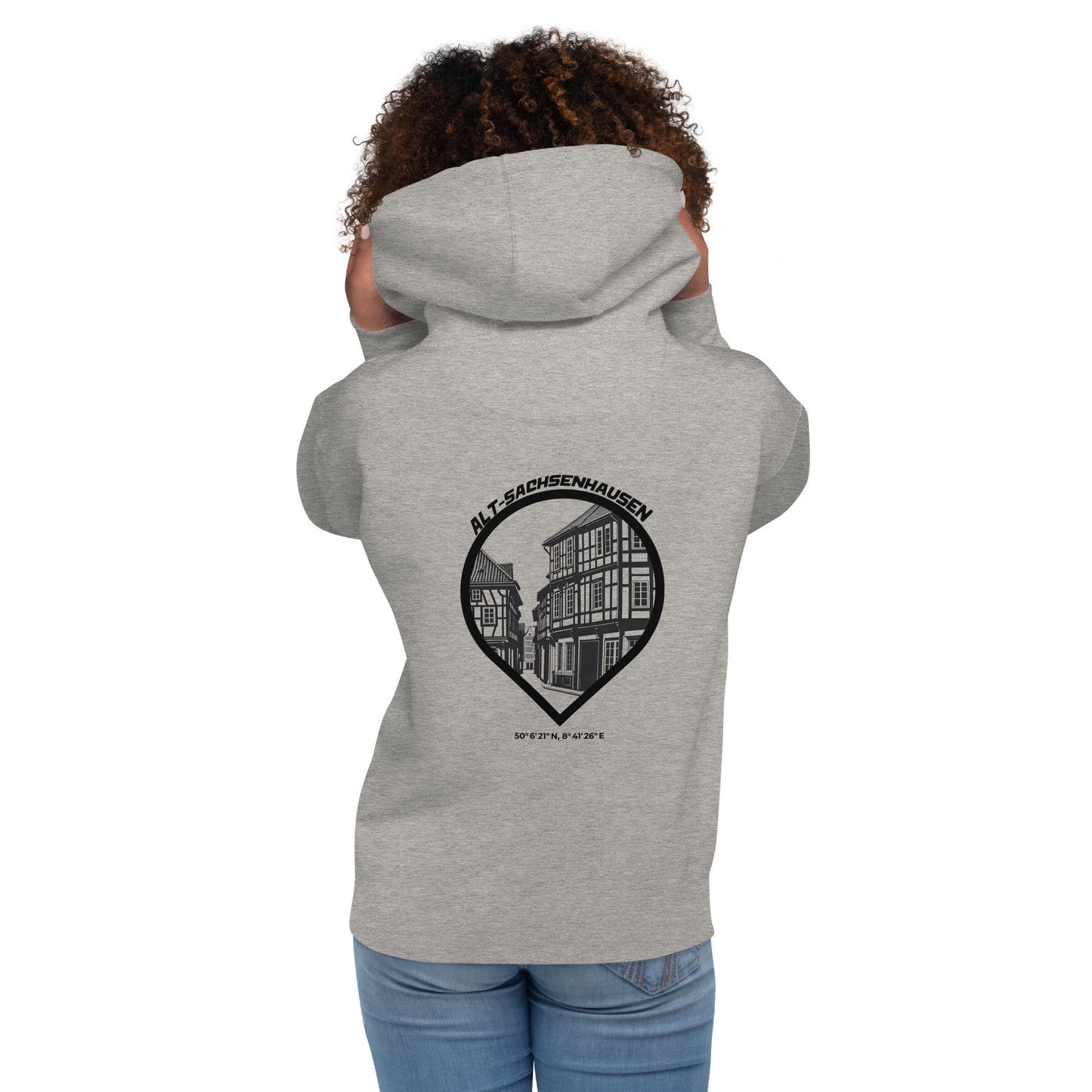 Gudekind Alt-Sachsenhausen Hoodie mit Markenlogo Front und Koordinaten Backprint, minimalistisches Frankfurt Stadtteil Design