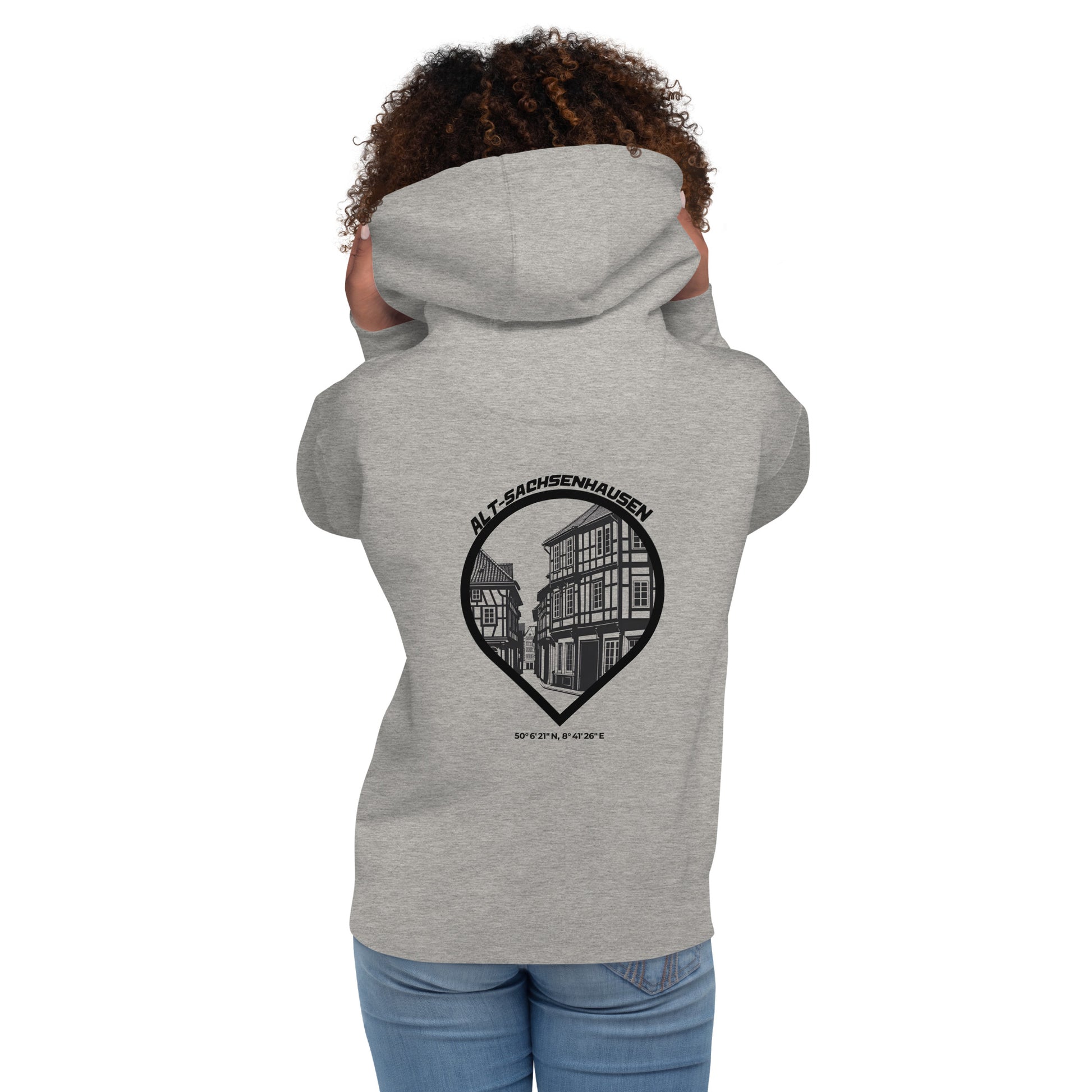 Gudekind Alt-Sachsenhausen Hoodie mit Markenlogo Front und Koordinaten Backprint, minimalistisches Frankfurt Stadtteil Design