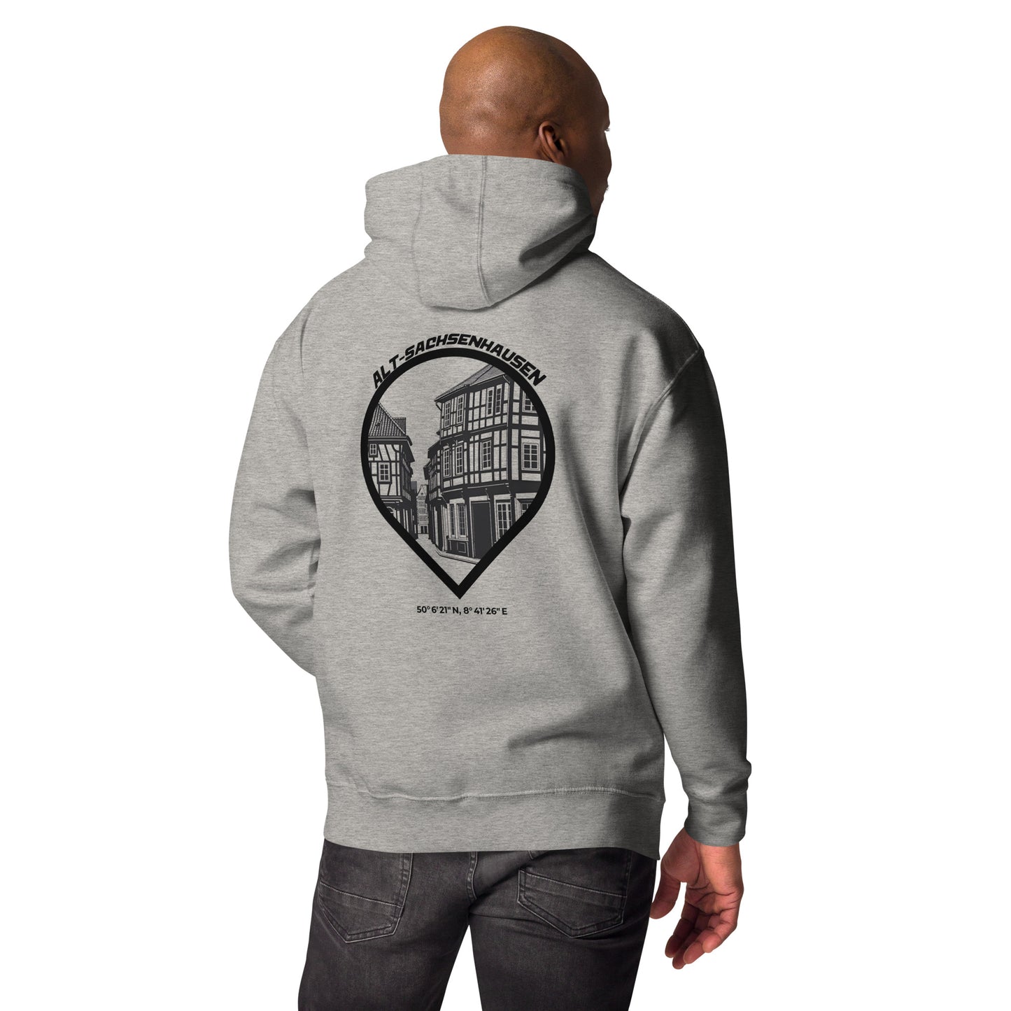 Gudekind Alt-Sachsenhausen Hoodie mit Markenlogo Front und Koordinaten Backprint, minimalistisches Frankfurt Stadtteil Design