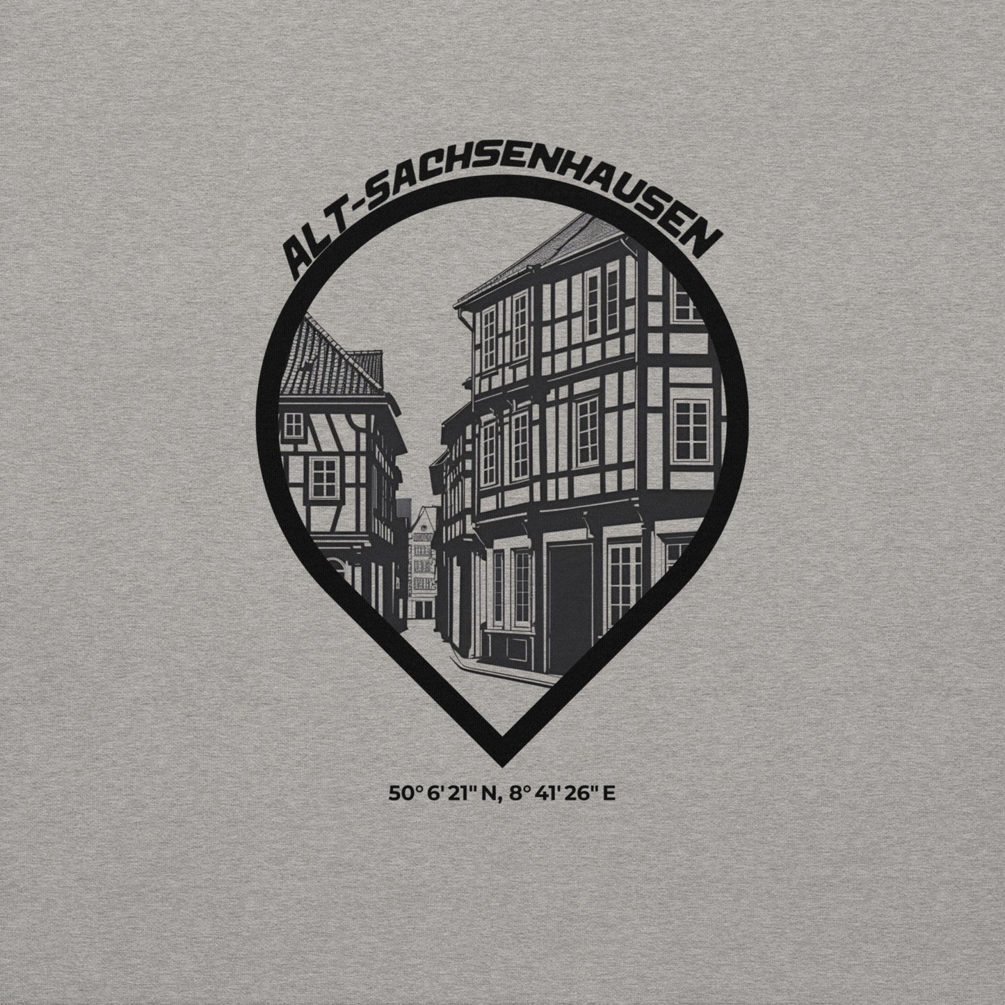 Gudekind Alt-Sachsenhausen Hoodie mit Markenlogo Front und Koordinaten Backprint, minimalistisches Frankfurt Stadtteil Design