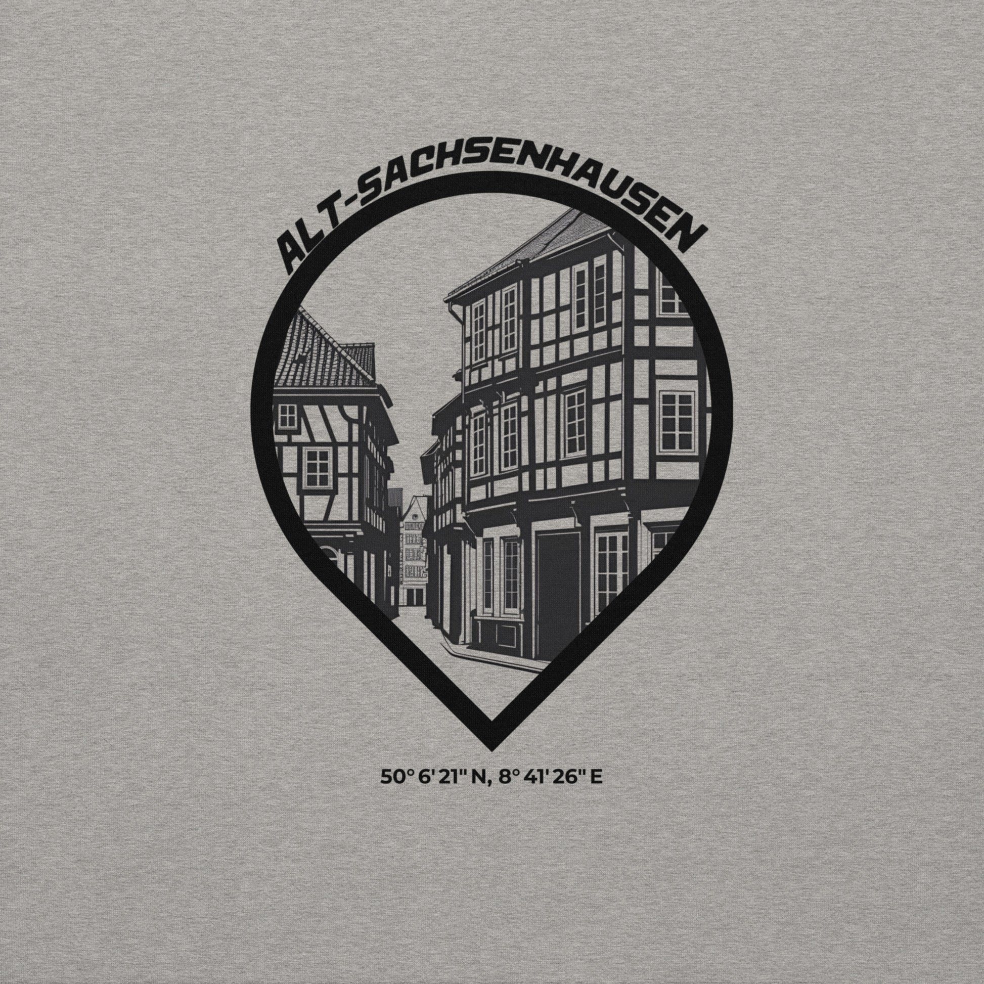 Gudekind Alt-Sachsenhausen Hoodie mit Markenlogo Front und Koordinaten Backprint, minimalistisches Frankfurt Stadtteil Design