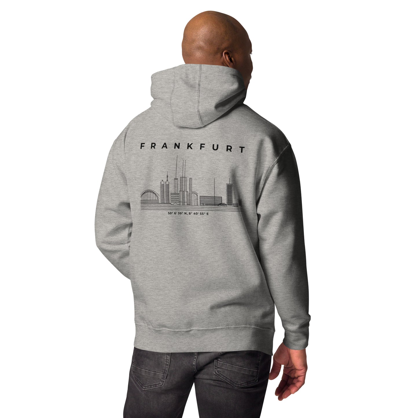 Gudekind Mainhattan Hoodie mit Markenlogo Front und Koordinaten Backprint, minimalistisches Frankfurt Stadtteil Design