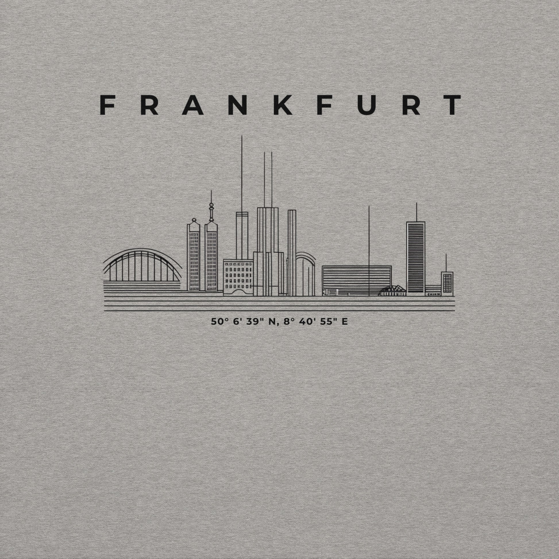 Gudekind Mainhattan Hoodie mit Markenlogo Front und Koordinaten Backprint, minimalistisches Frankfurt Stadtteil Design