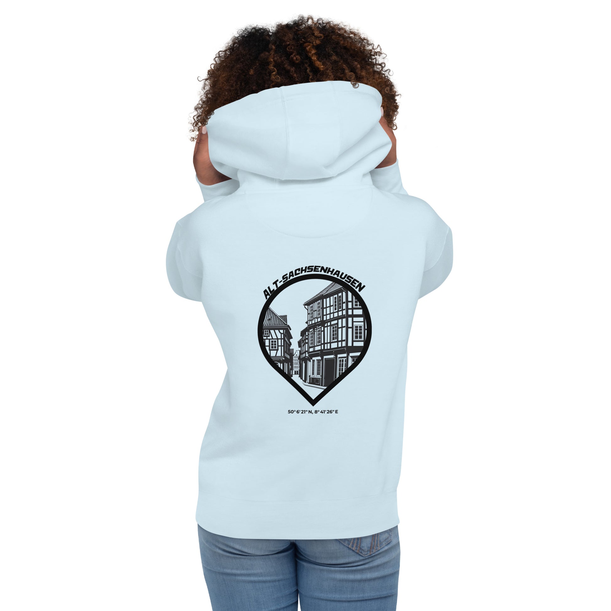 Gudekind Alt-Sachsenhausen Hoodie mit Markenlogo Front und Koordinaten Backprint, minimalistisches Frankfurt Stadtteil Design