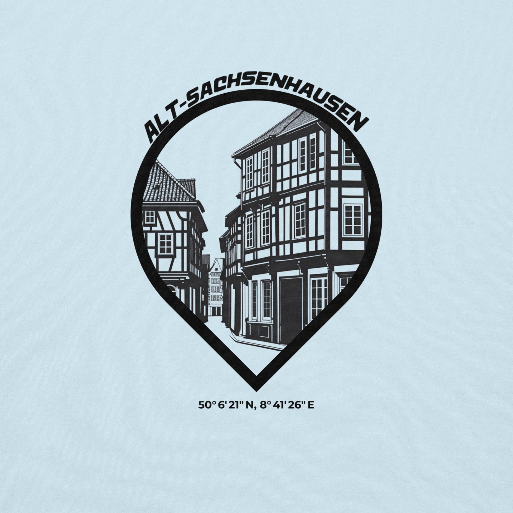 Gudekind Alt-Sachsenhausen Hoodie mit Markenlogo Front und Koordinaten Backprint, minimalistisches Frankfurt Stadtteil Design