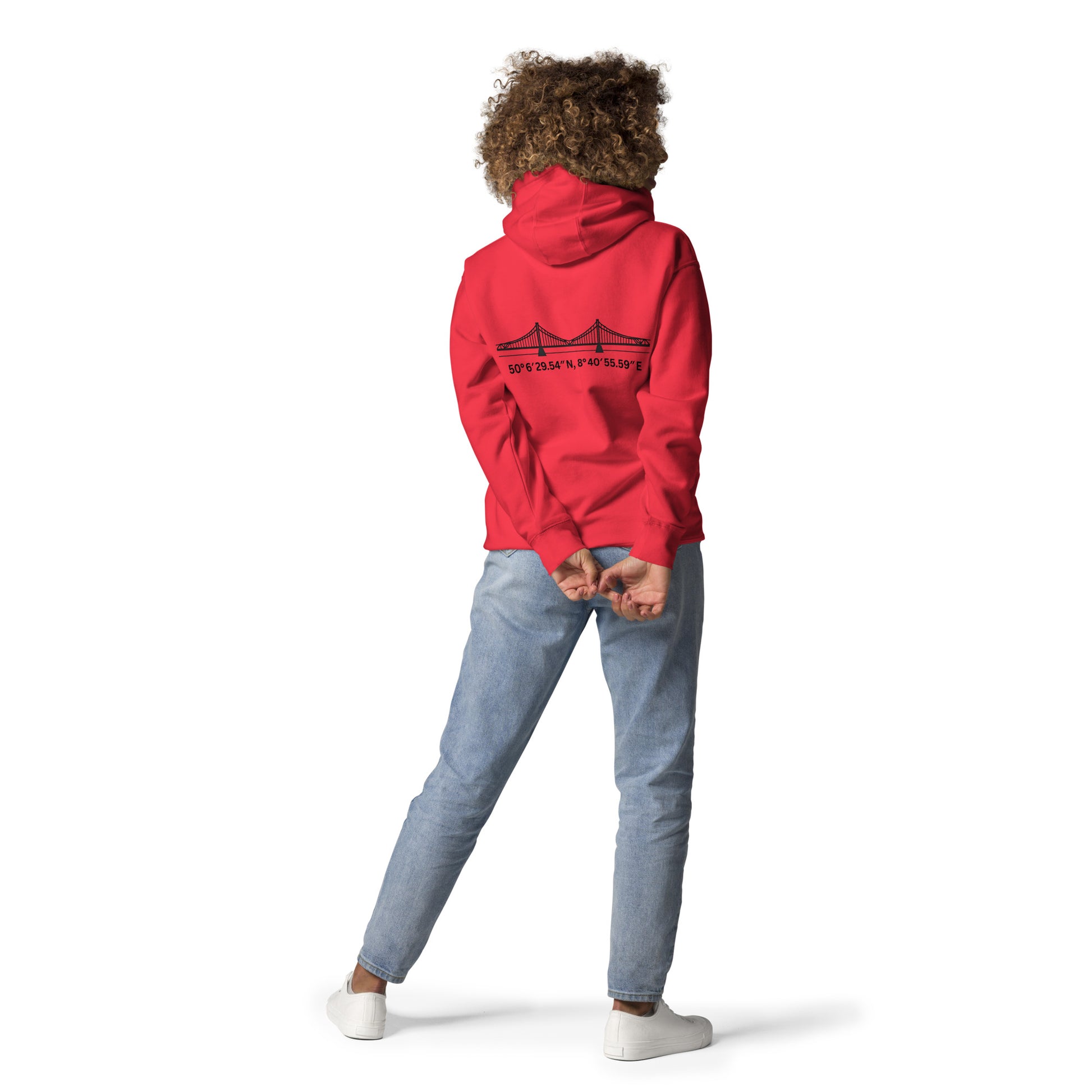 iserner Steg Hoodie Frontansicht – minimalistischer Frankfurt Frontprint mit Koordinaten