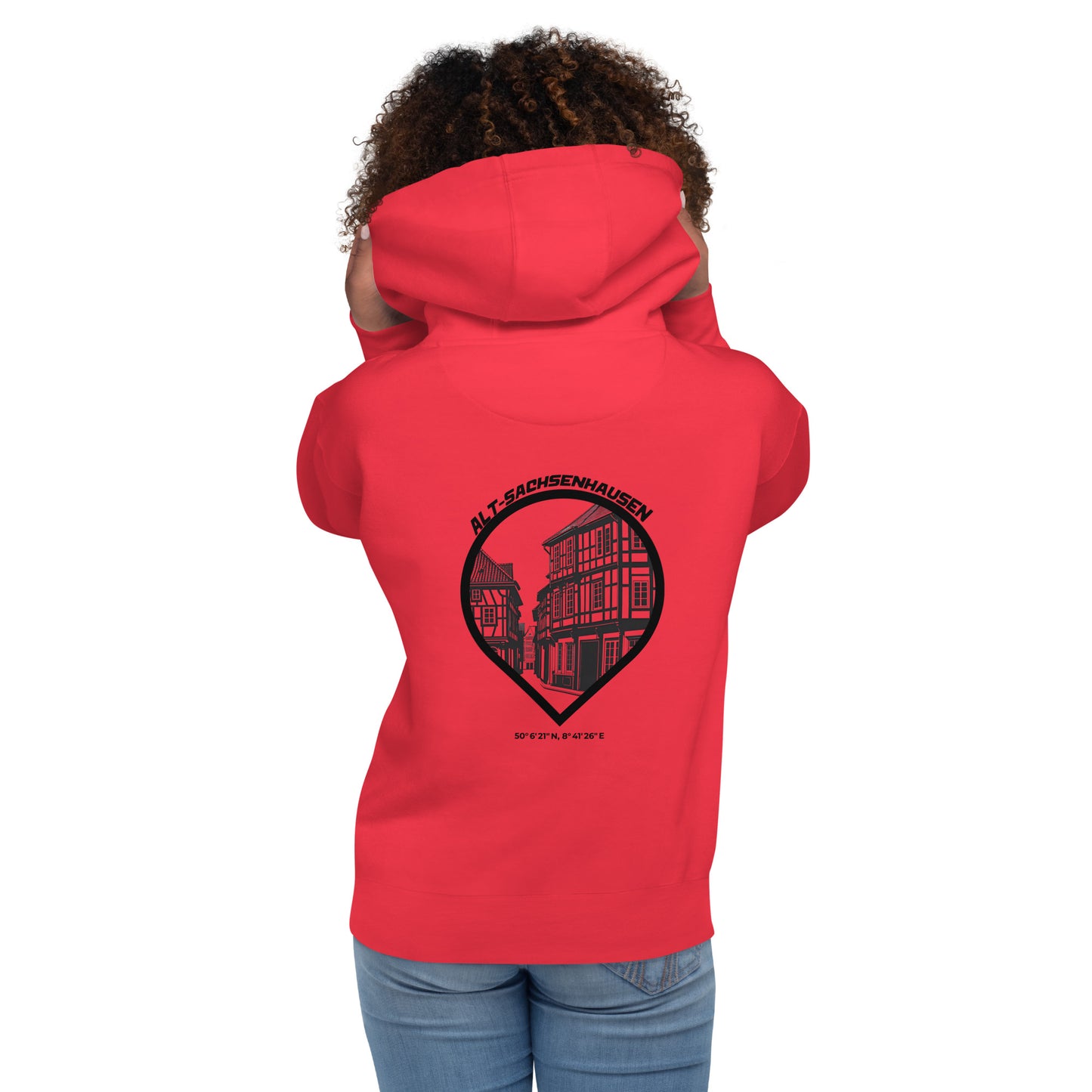 Gudekind Alt-Sachsenhausen Hoodie mit Markenlogo Front und Koordinaten Backprint, minimalistisches Frankfurt Stadtteil Design