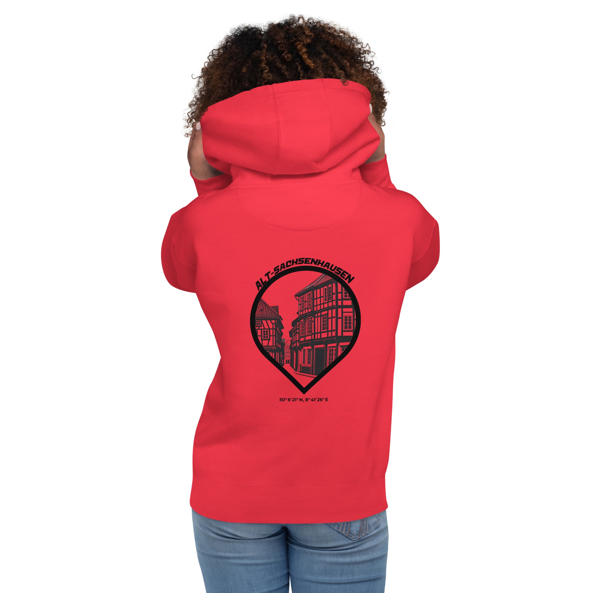 Gudekind Alt-Sachsenhausen Hoodie mit Markenlogo Front und Koordinaten Backprint, minimalistisches Frankfurt Stadtteil Design