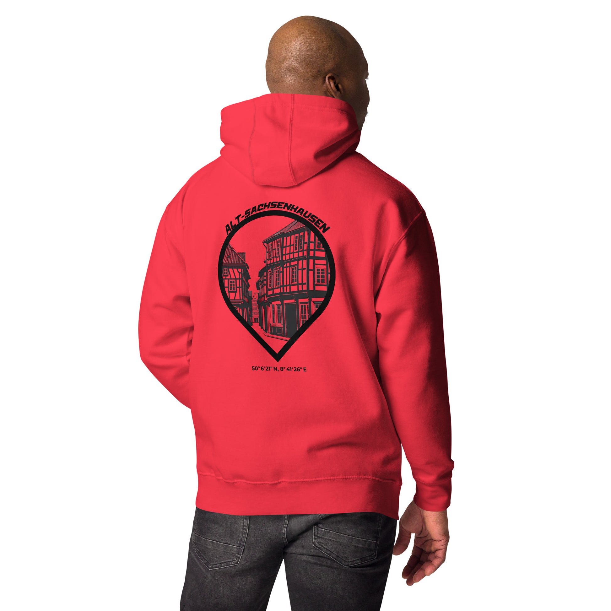 Gudekind Alt-Sachsenhausen Hoodie mit Markenlogo Front und Koordinaten Backprint, minimalistisches Frankfurt Stadtteil Design