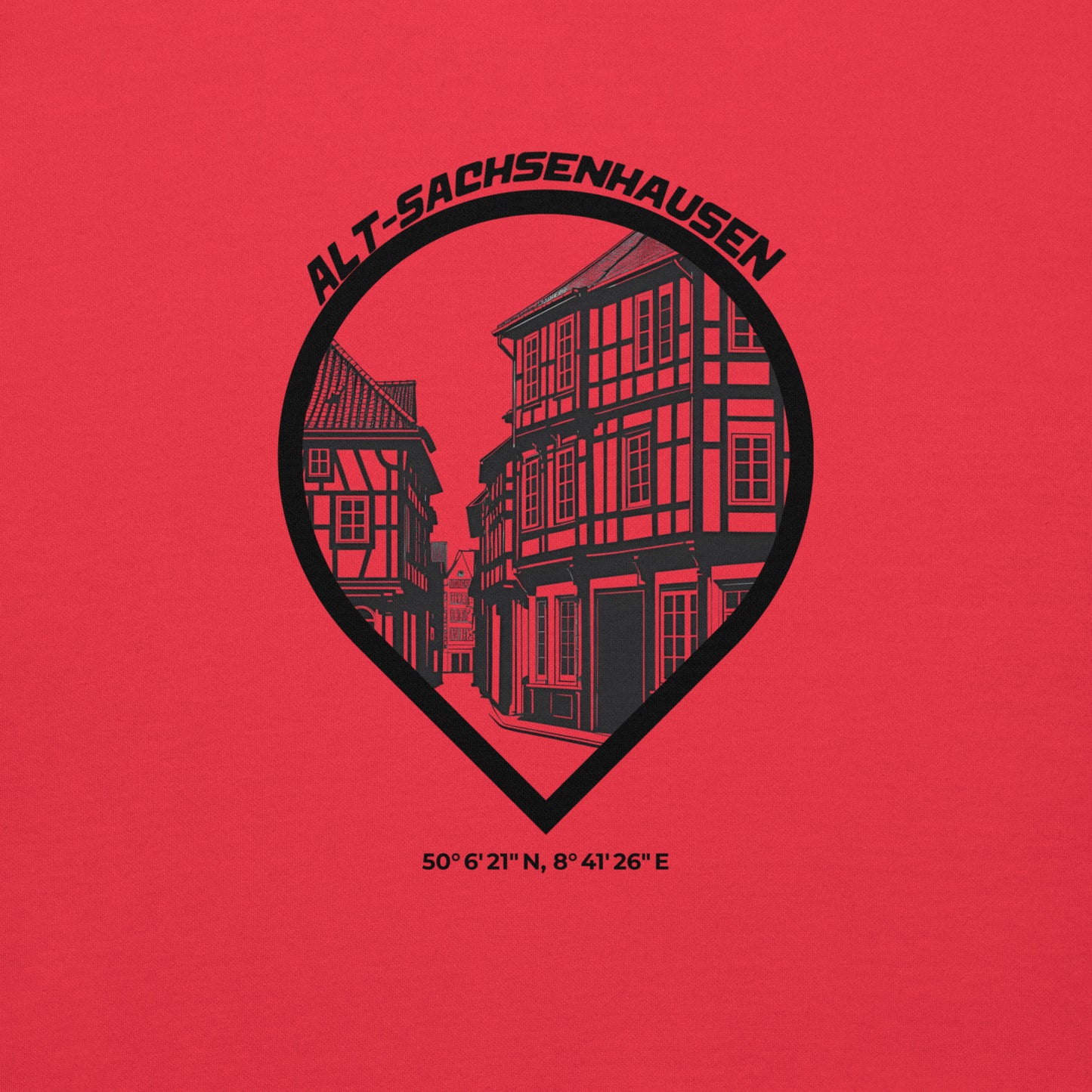 Gudekind Alt-Sachsenhausen Hoodie mit Markenlogo Front und Koordinaten Backprint, minimalistisches Frankfurt Stadtteil Design