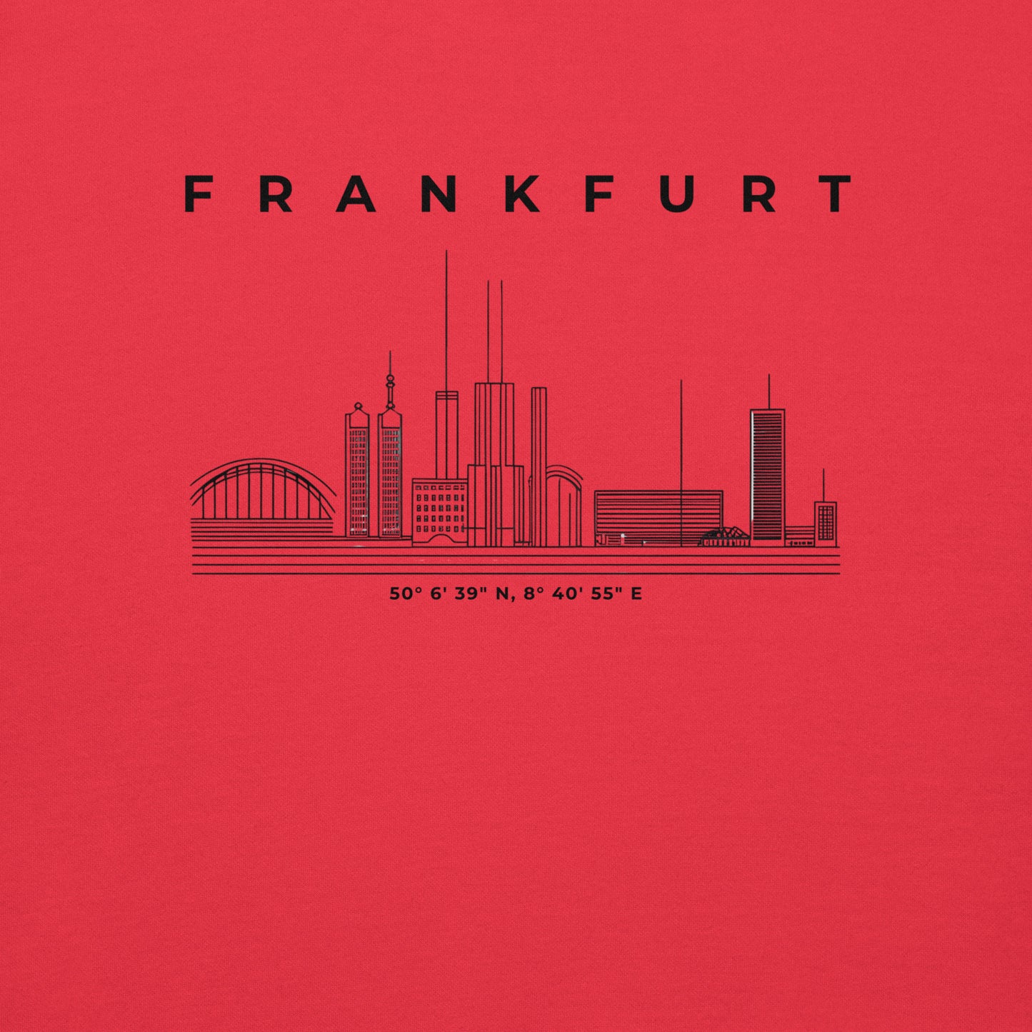 Gudekind Mainhattan Hoodie mit Markenlogo Front und Koordinaten Backprint, minimalistisches Frankfurt Stadtteil Design