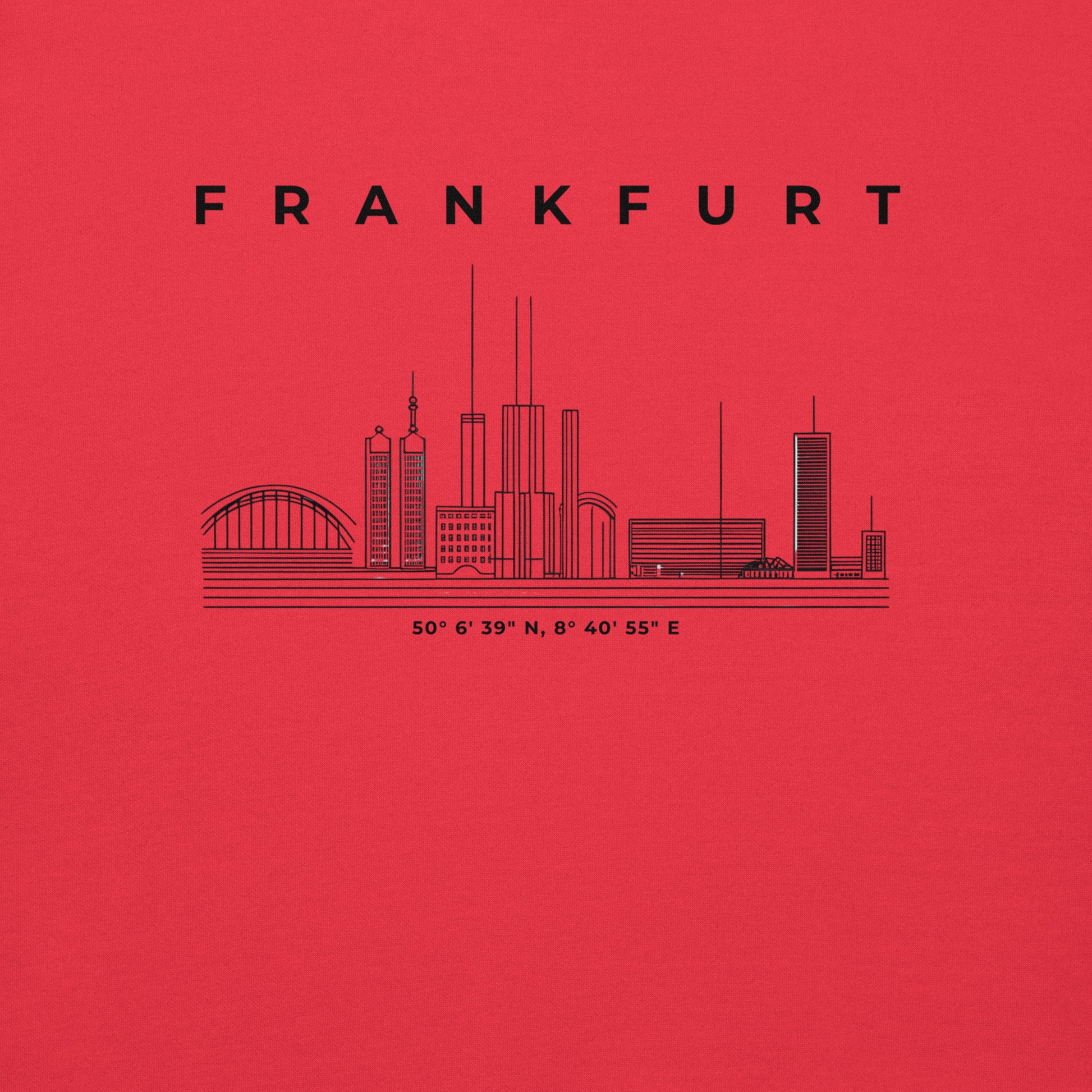 Gudekind Mainhattan Hoodie mit Markenlogo Front und Koordinaten Backprint, minimalistisches Frankfurt Stadtteil Design