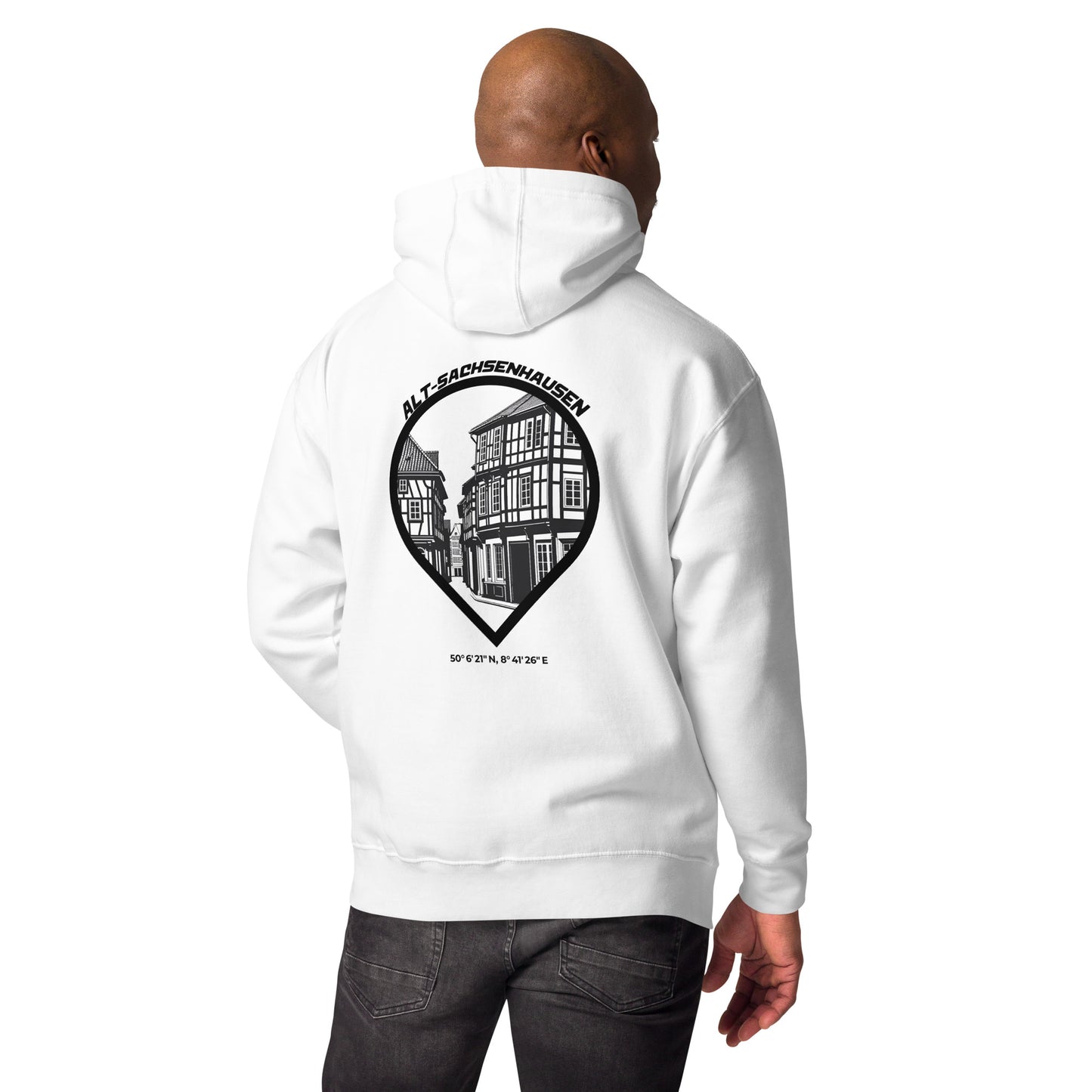 Gudekind Alt-Sachsenhausen Hoodie mit Markenlogo Front und Koordinaten Backprint, minimalistisches Frankfurt Stadtteil Design