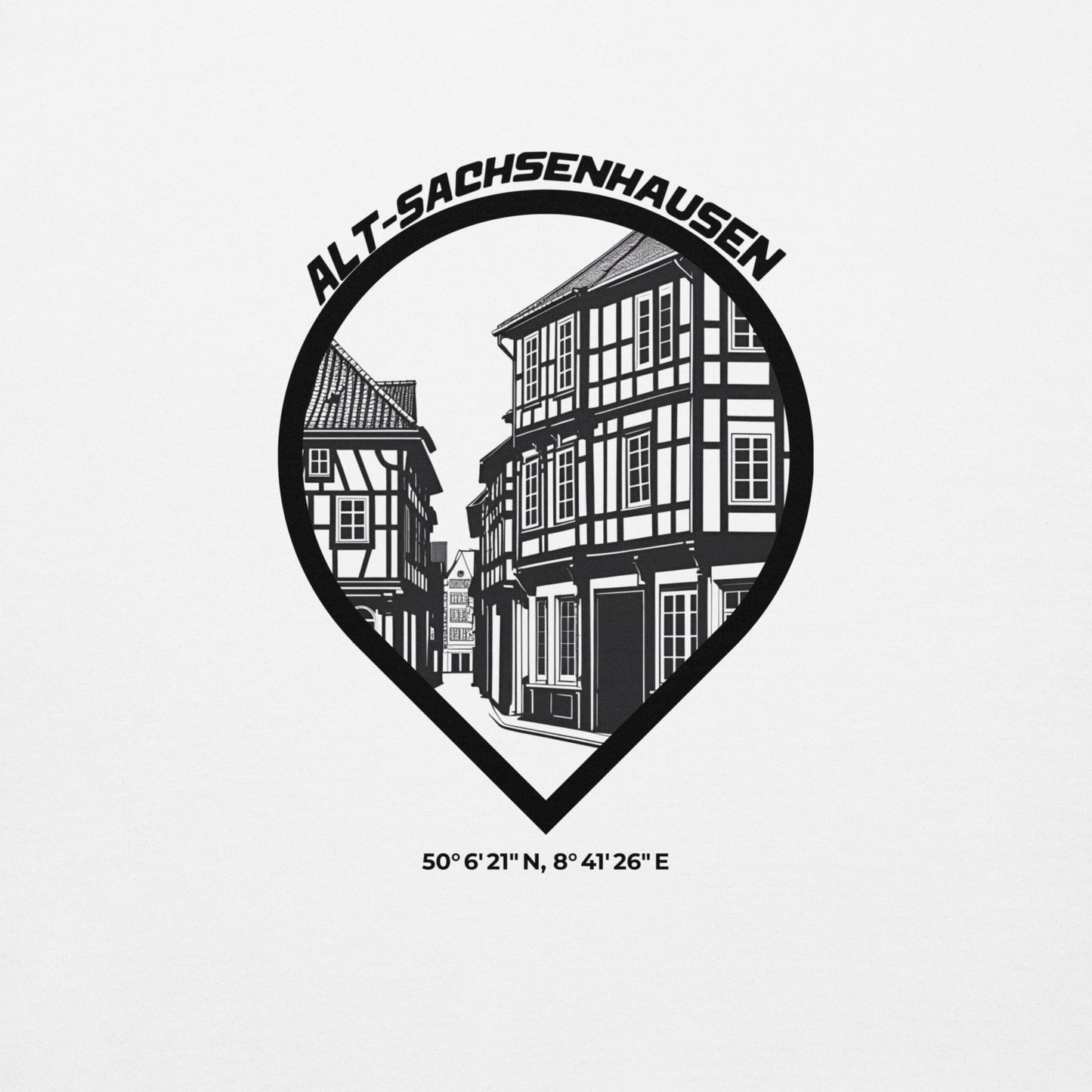 Gudekind Alt-Sachsenhausen Hoodie mit Markenlogo Front und Koordinaten Backprint, minimalistisches Frankfurt Stadtteil Design