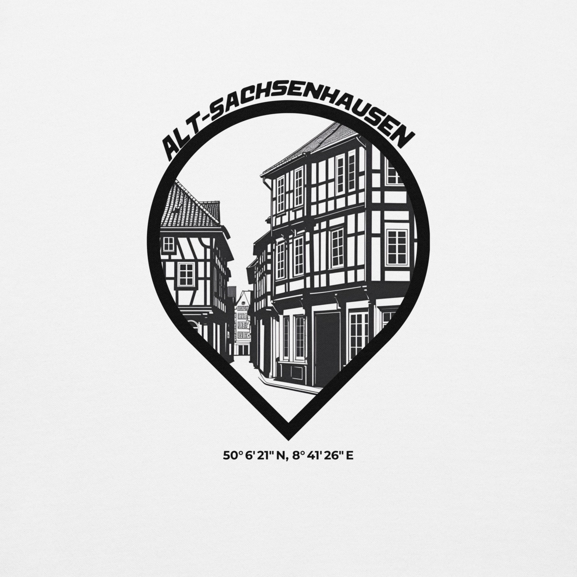 Gudekind Alt-Sachsenhausen Hoodie mit Markenlogo Front und Koordinaten Backprint, minimalistisches Frankfurt Stadtteil Design