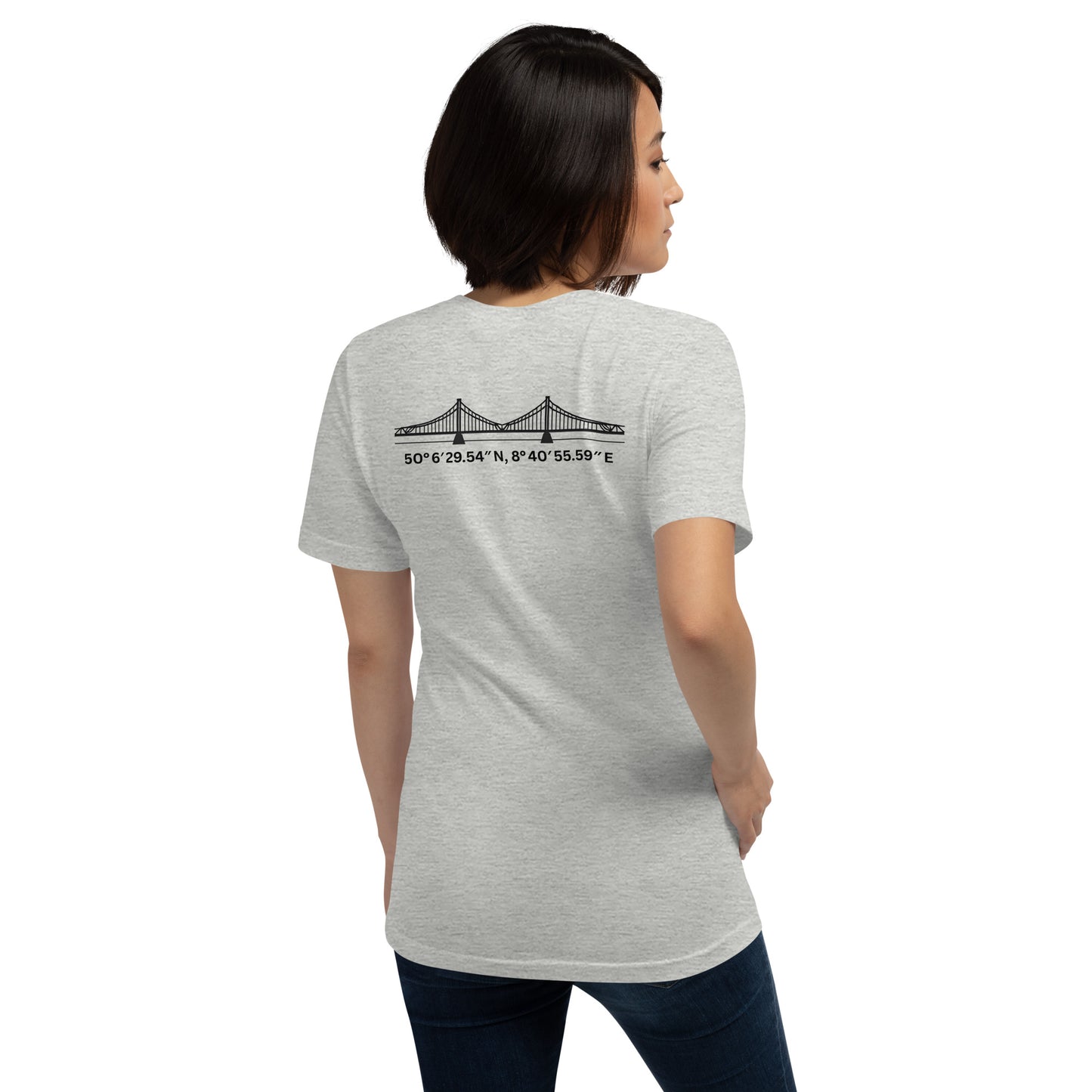 T-Shirt Eiserner Steg Rückansicht – Stadtteilname und Koordinaten als hochwertiger Backprint