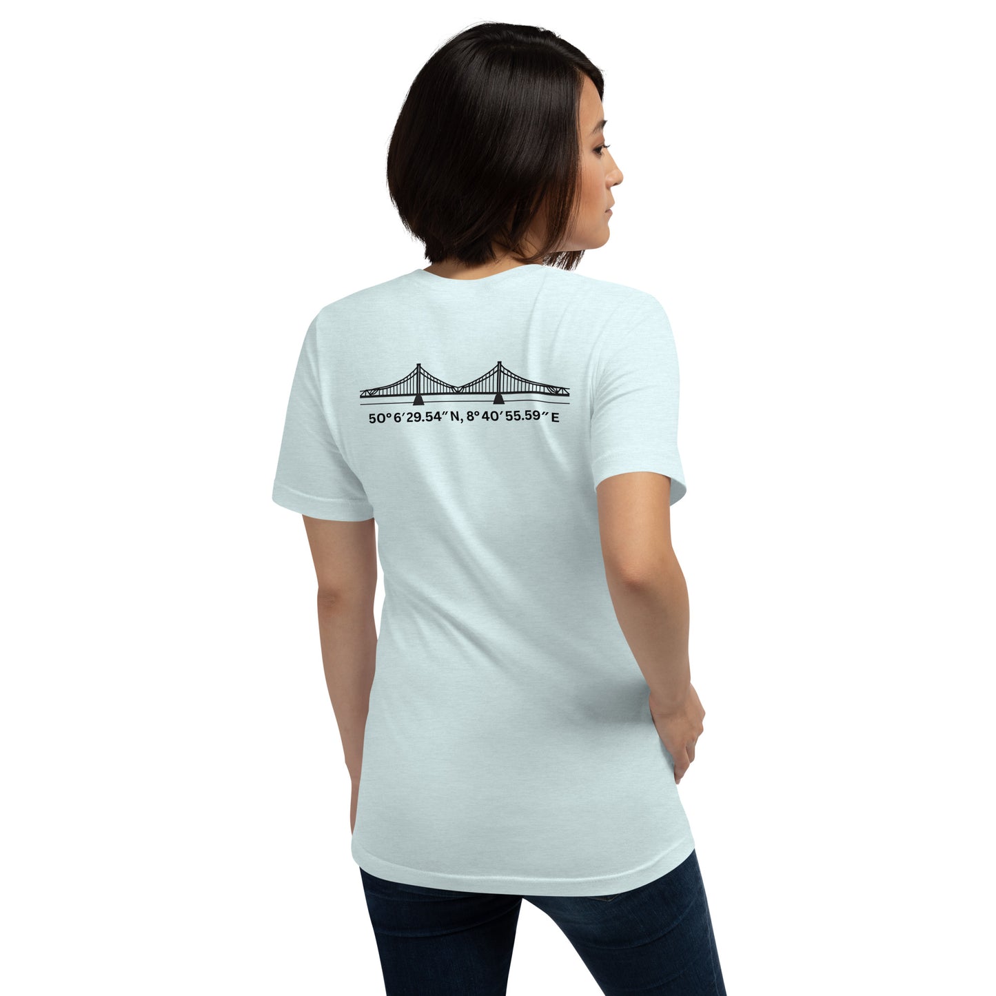 T-Shirt Eiserner Steg Rückansicht – Stadtteilname und Koordinaten als hochwertiger Backprint
