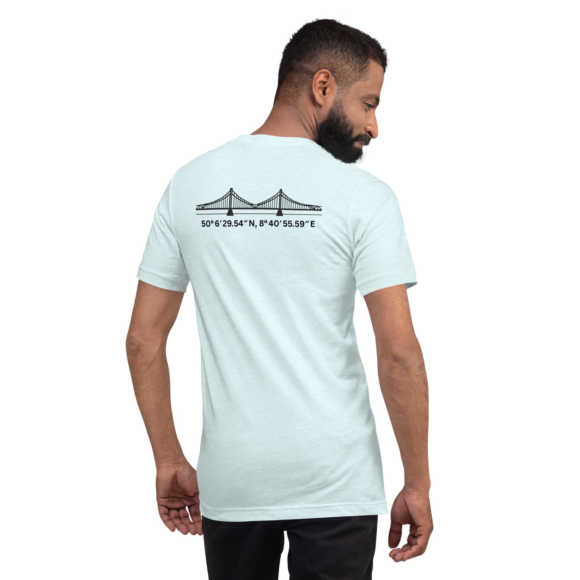 T-Shirt Eiserner Steg Rückansicht – Stadtteilname und Koordinaten als hochwertiger Backprint