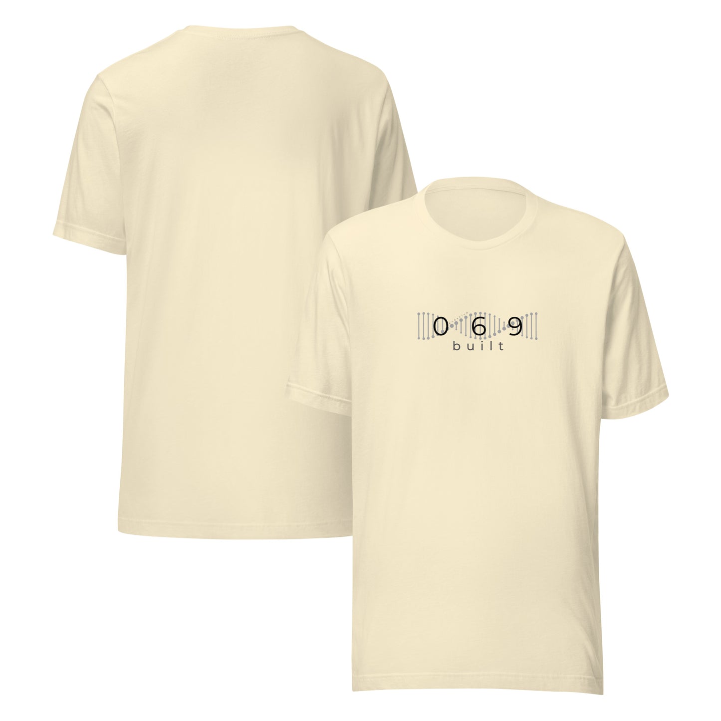 Minimalistisches T-Shirt mit DNA-Strang, darüber "069", darunter "built" – Local Pride Frankfurt Design in sportlicher Optik