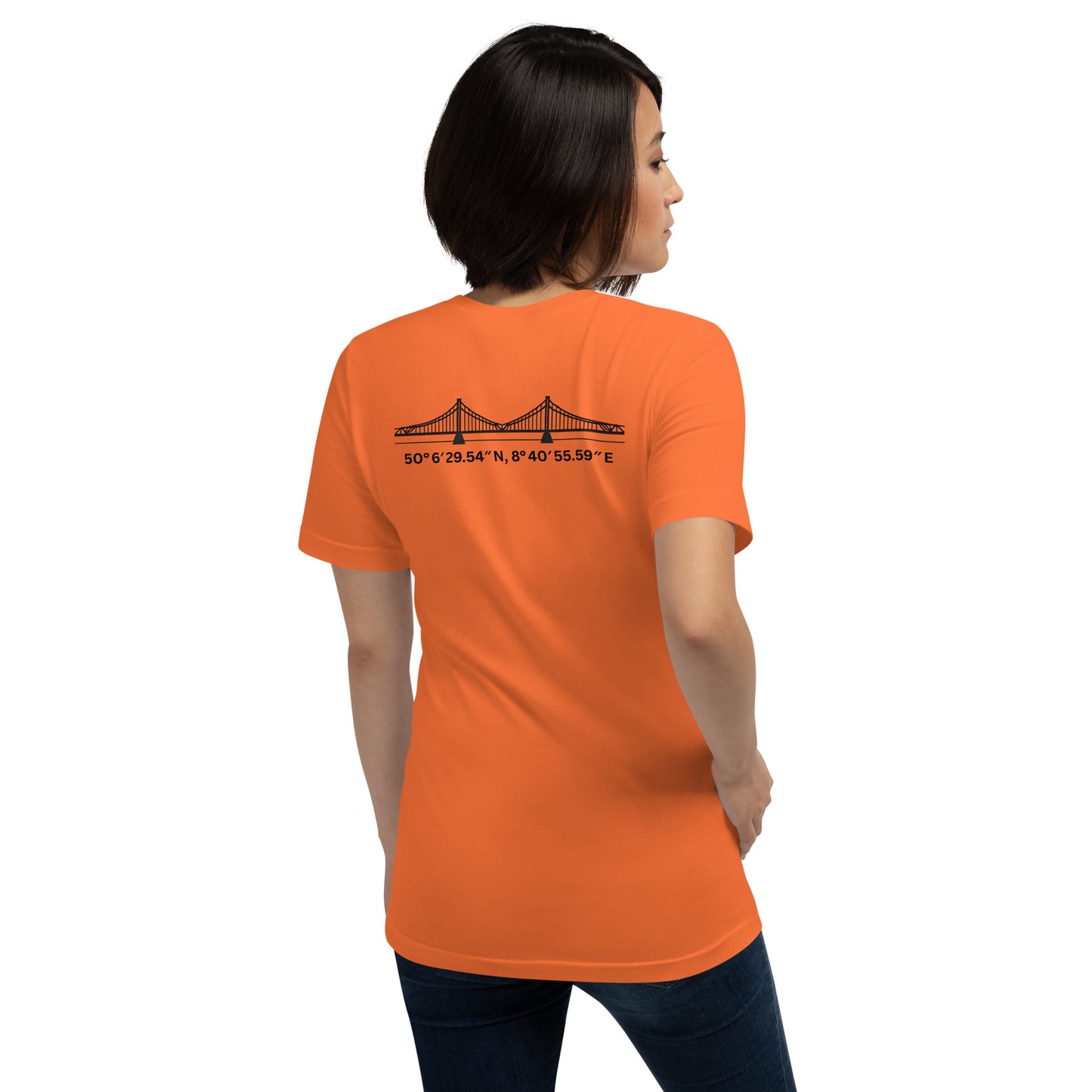 T-Shirt Eiserner Steg Rückansicht – Stadtteilname und Koordinaten als hochwertiger Backprint