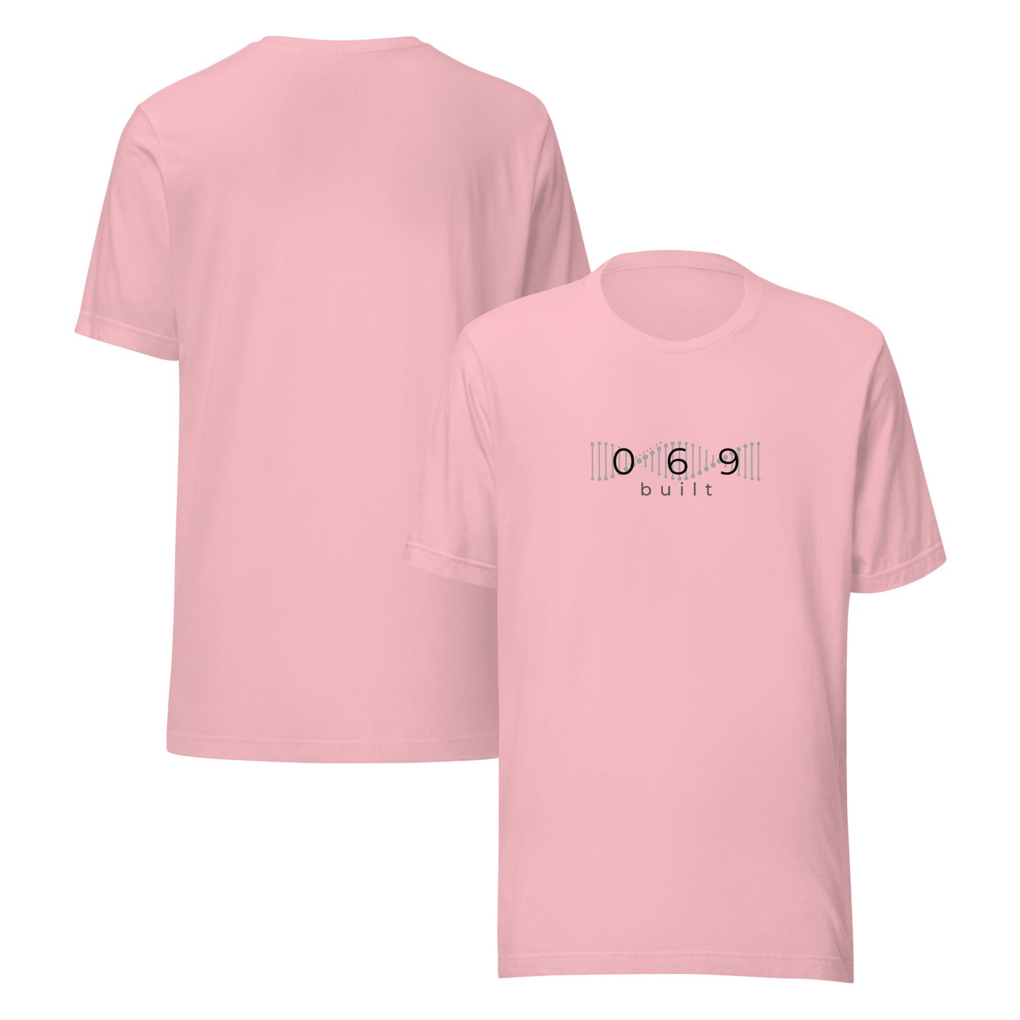 Minimalistisches T-Shirt mit DNA-Strang, darüber "069", darunter "built" – Local Pride Frankfurt Design in sportlicher Optik